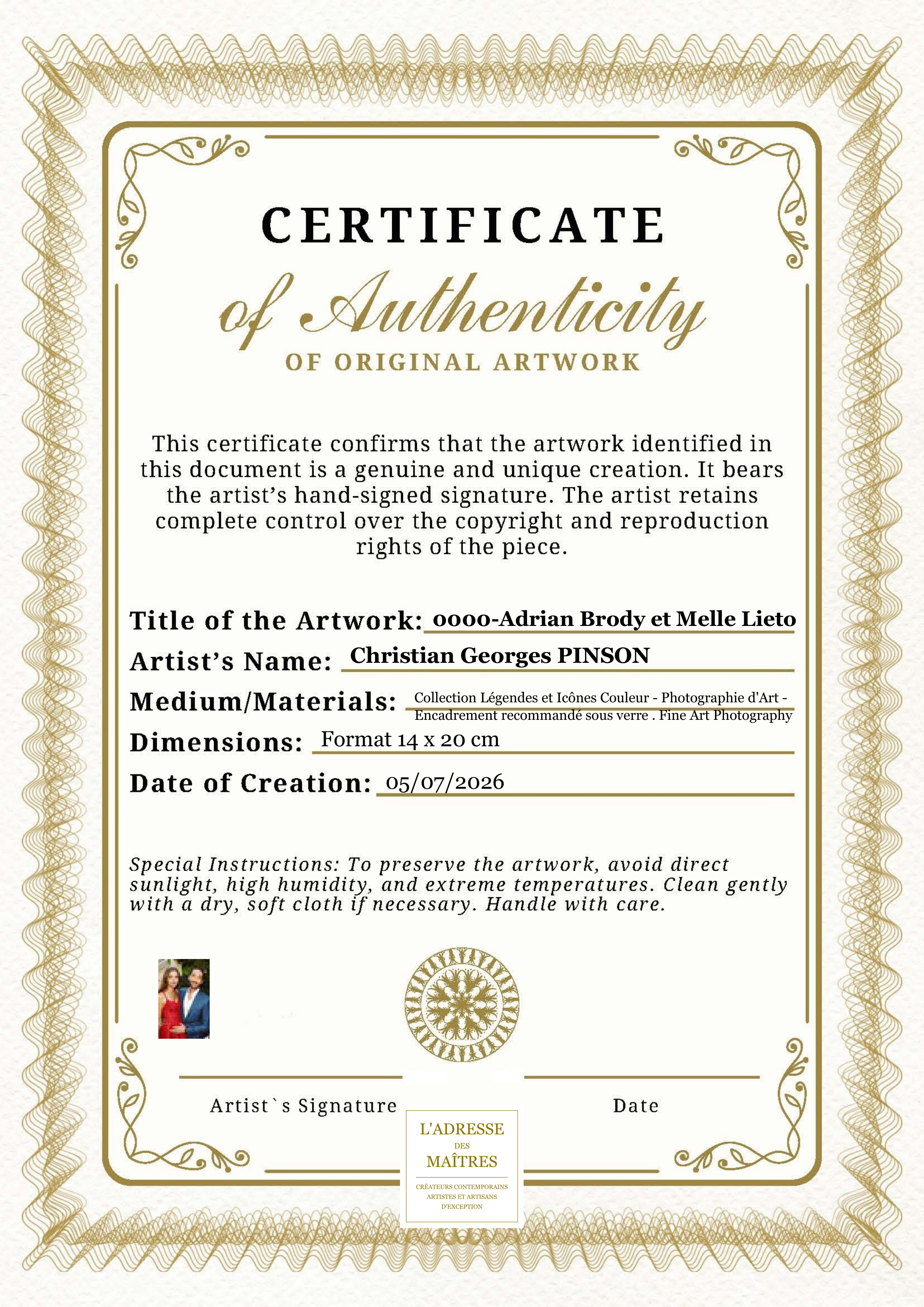 Certificat d'authenticité — 0000-Adrian Brody et Melle Lieto — Christian Georges PINSON
