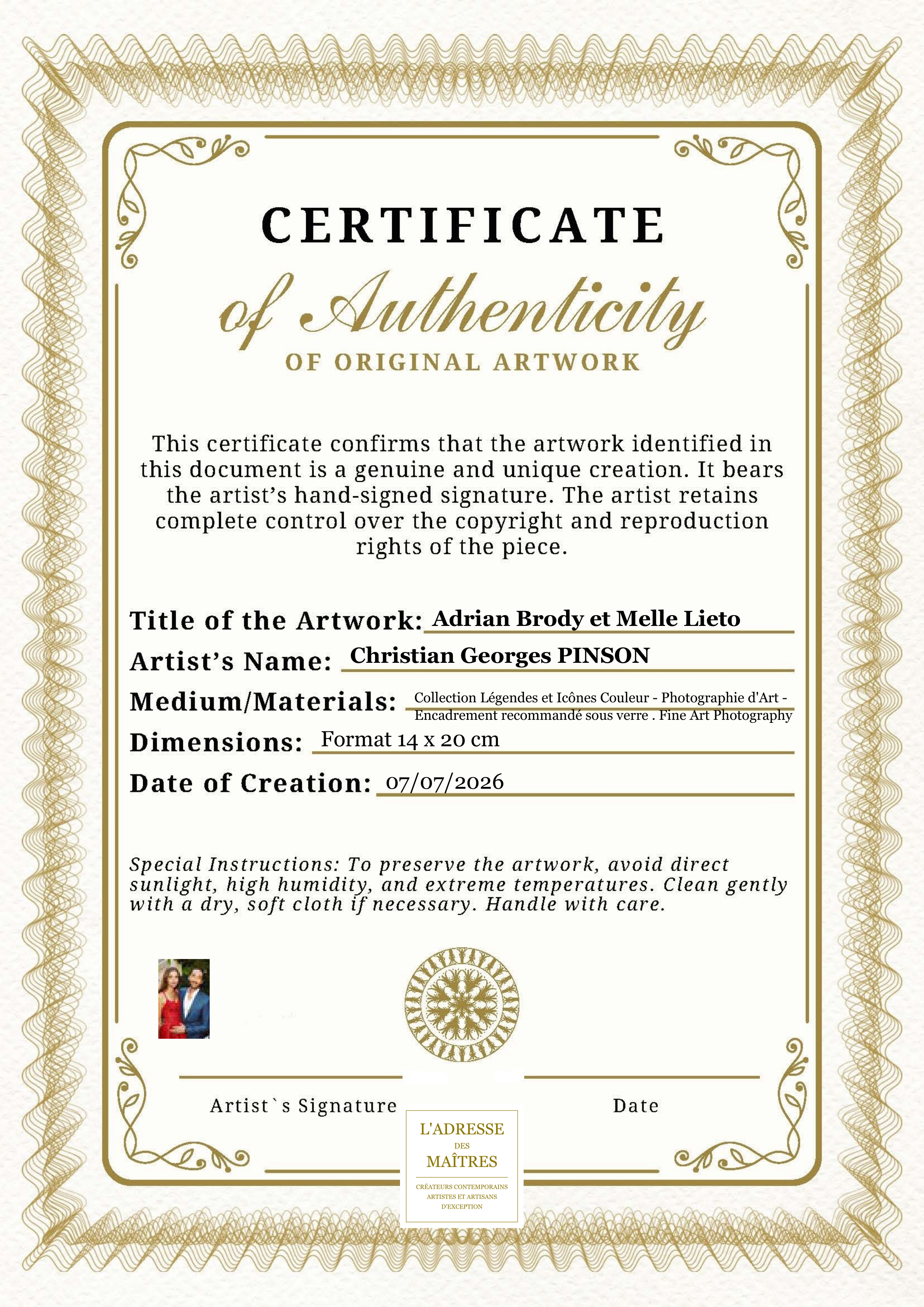 Certificat d'authenticité — Adrian Brody et Melle Lieto — Christian Georges PINSON