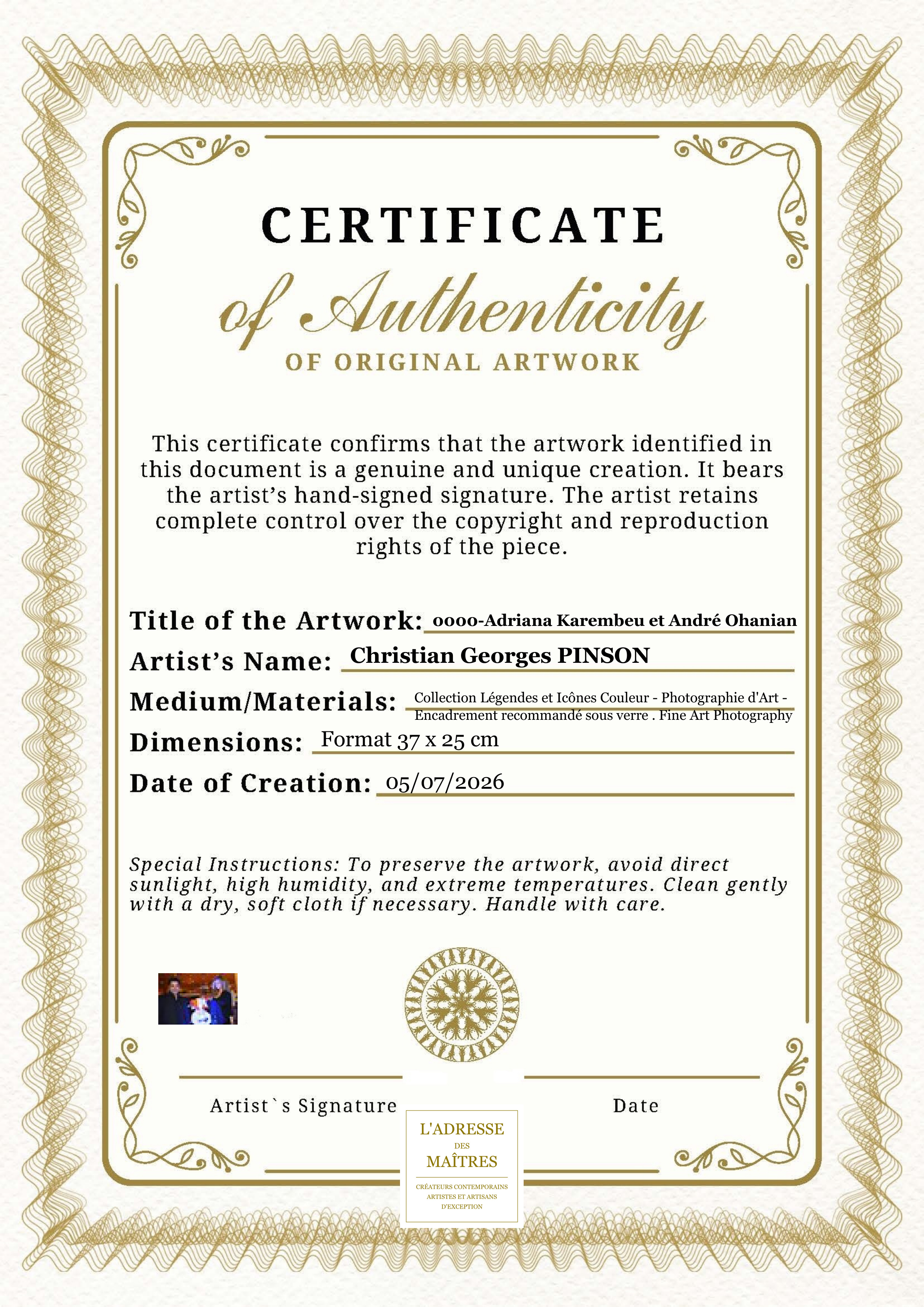 Certificat d'authenticité — 0000-Adriana Karembeu et André Ohanian — Christian Georges PINSON