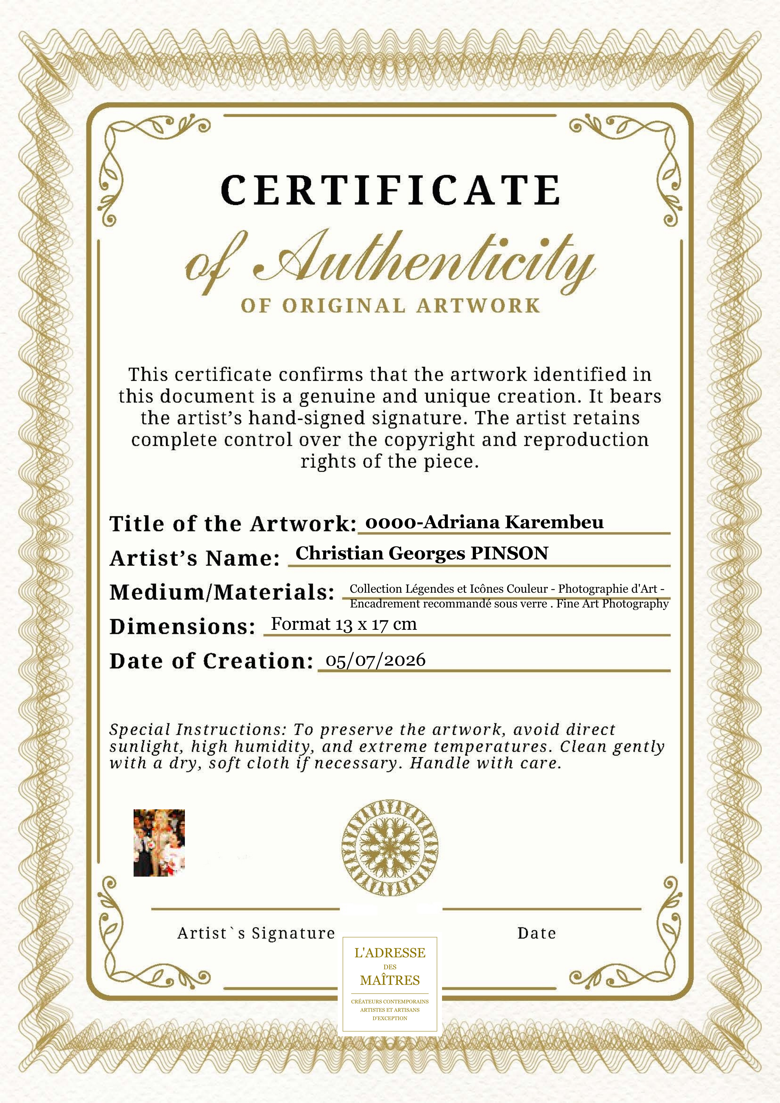 Certificat d'authenticité — 0000-Adriana Karembeu — Christian Georges PINSON