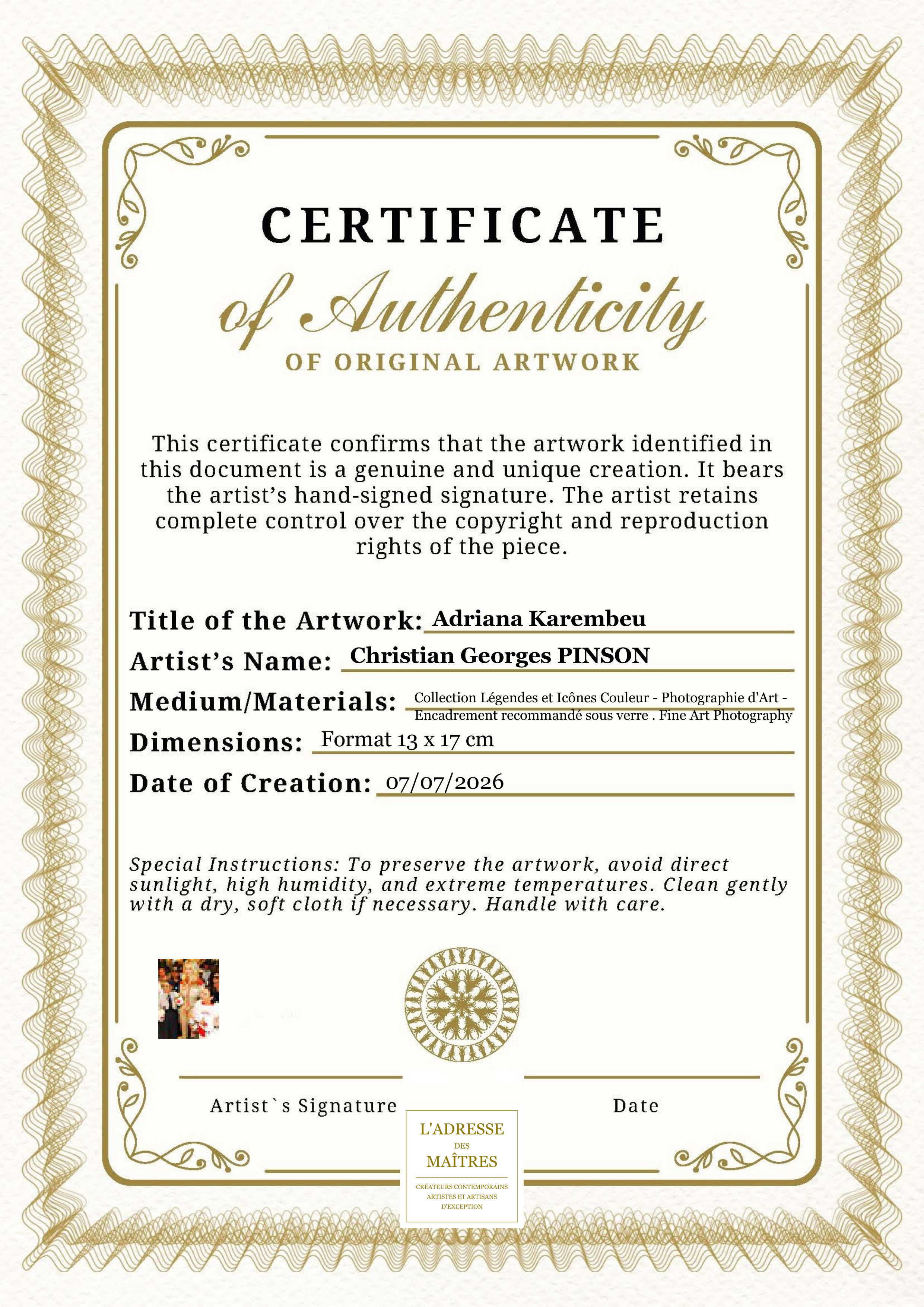 Certificat d'authenticité — Adriana Karembeu — Christian Georges PINSON