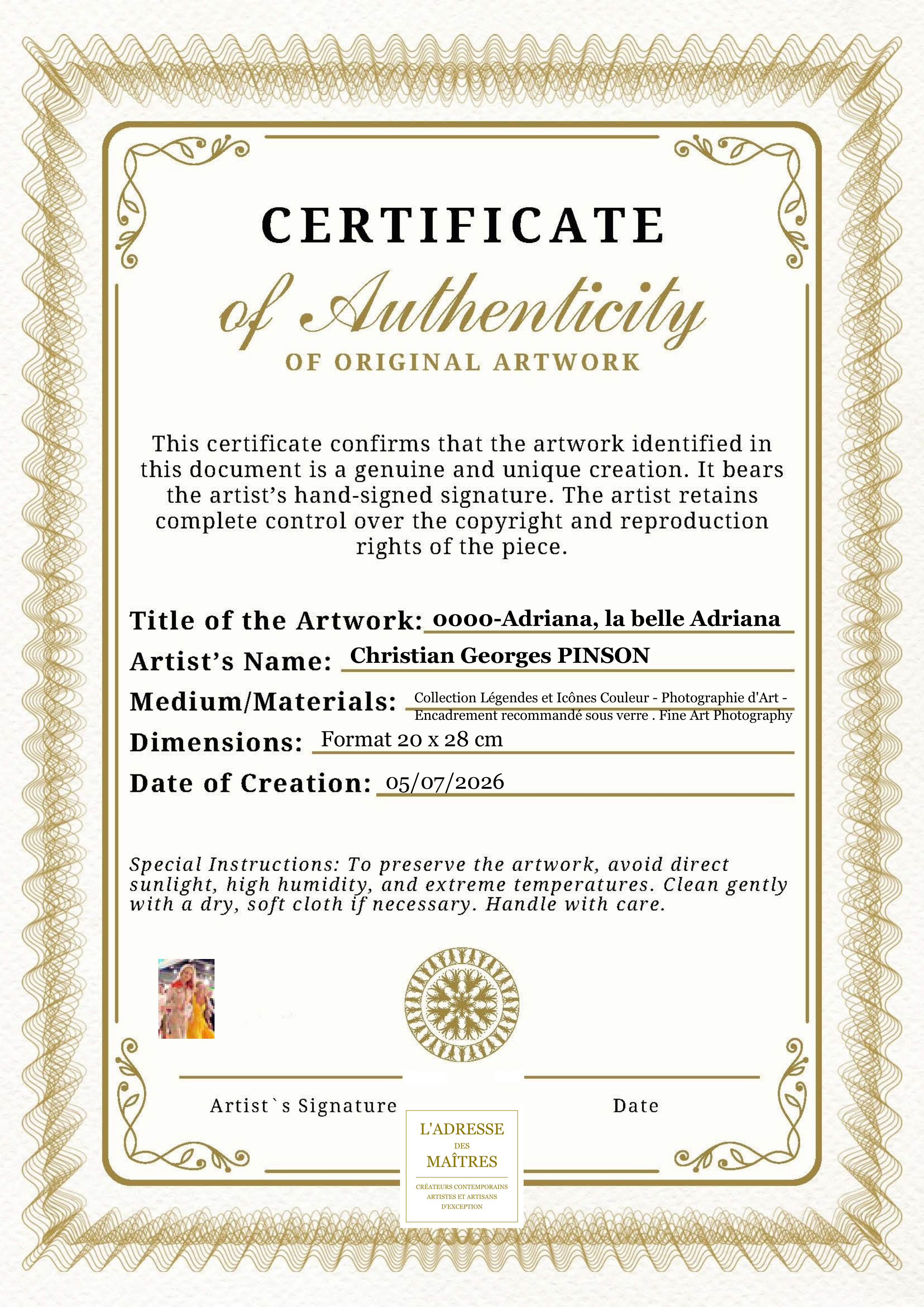 Certificat d'authenticité — 0000-Adriana, la belle Adriana — Christian Georges PINSON