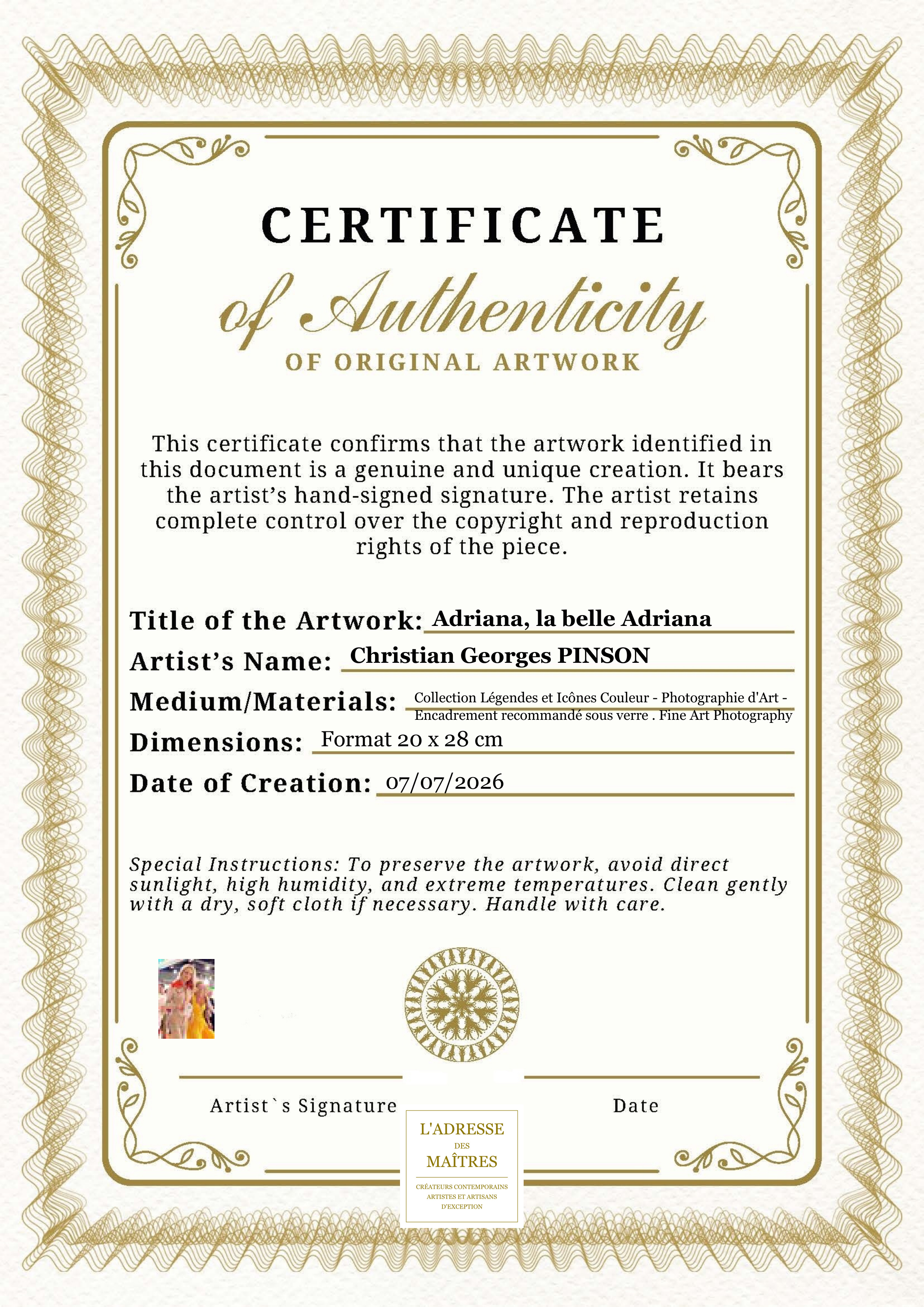 Certificat d'authenticité — Adriana, la belle Adriana — Christian Georges PINSON