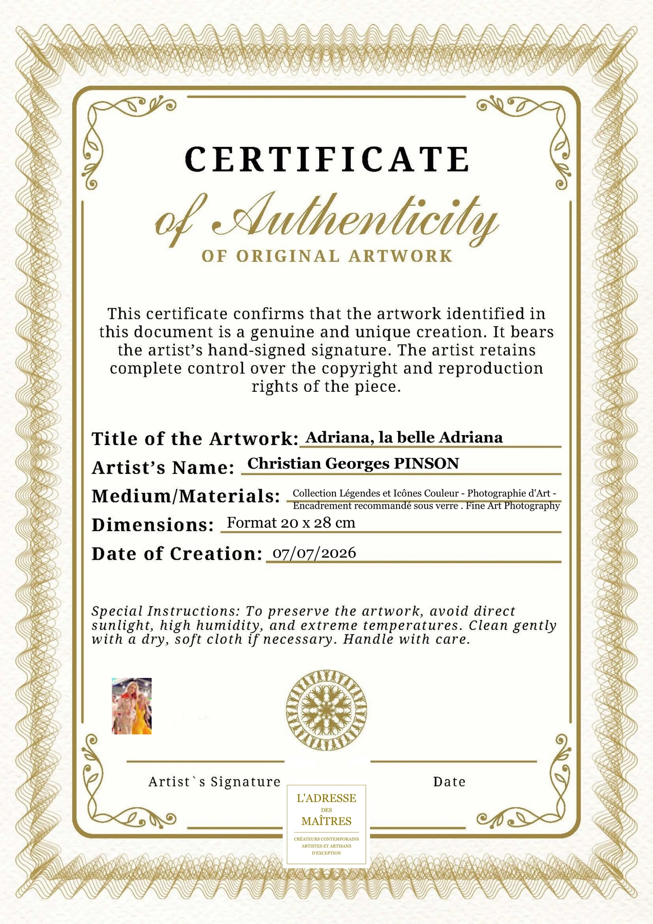 Certificat d'authenticité - Adriana, la belle Adriana - Christian Georges PINSON