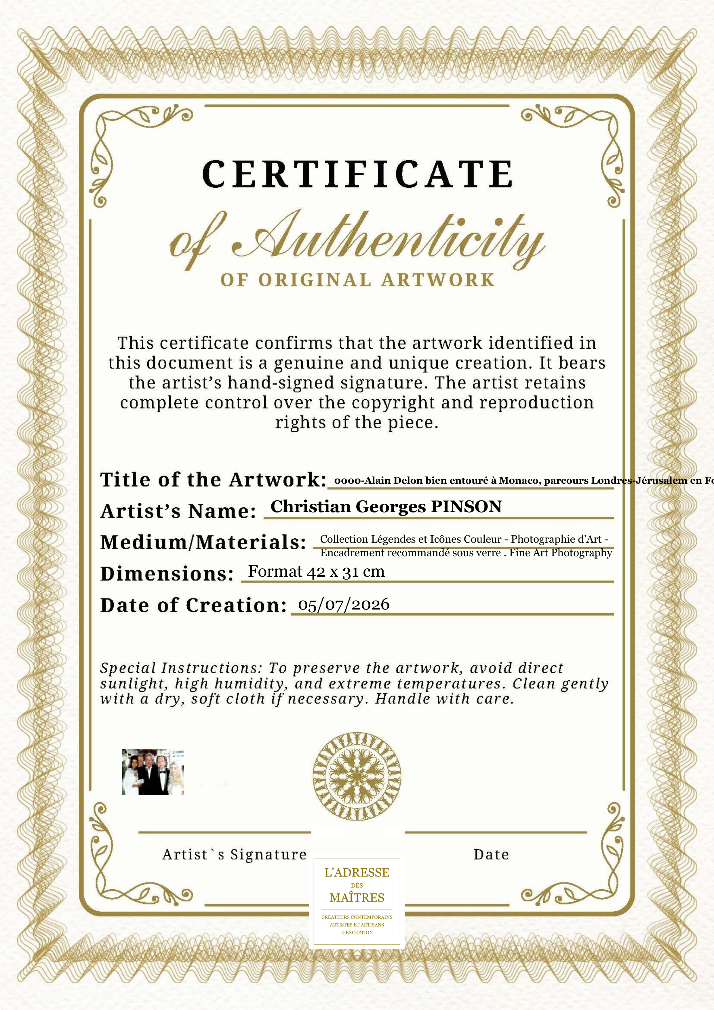 Certificat d'authenticité — 0000-Alain Delon bien entouré à Monaco, parcours Londres-Jérusalem en Ford Mustang — Christian Georges PINSON