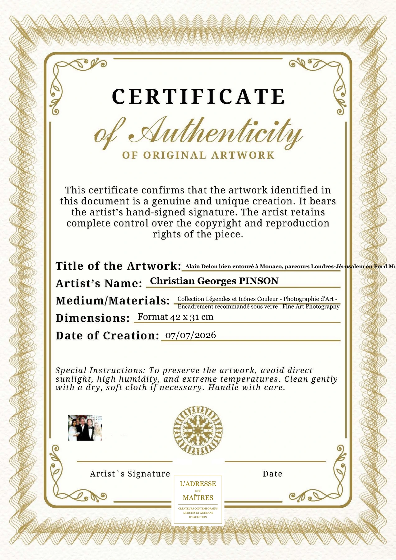 Certificat d'authenticité - Alain Delon bien entouré à Monaco, parcours Londres-Jérusalem en Ford Mustang - Christian Georges PINSON