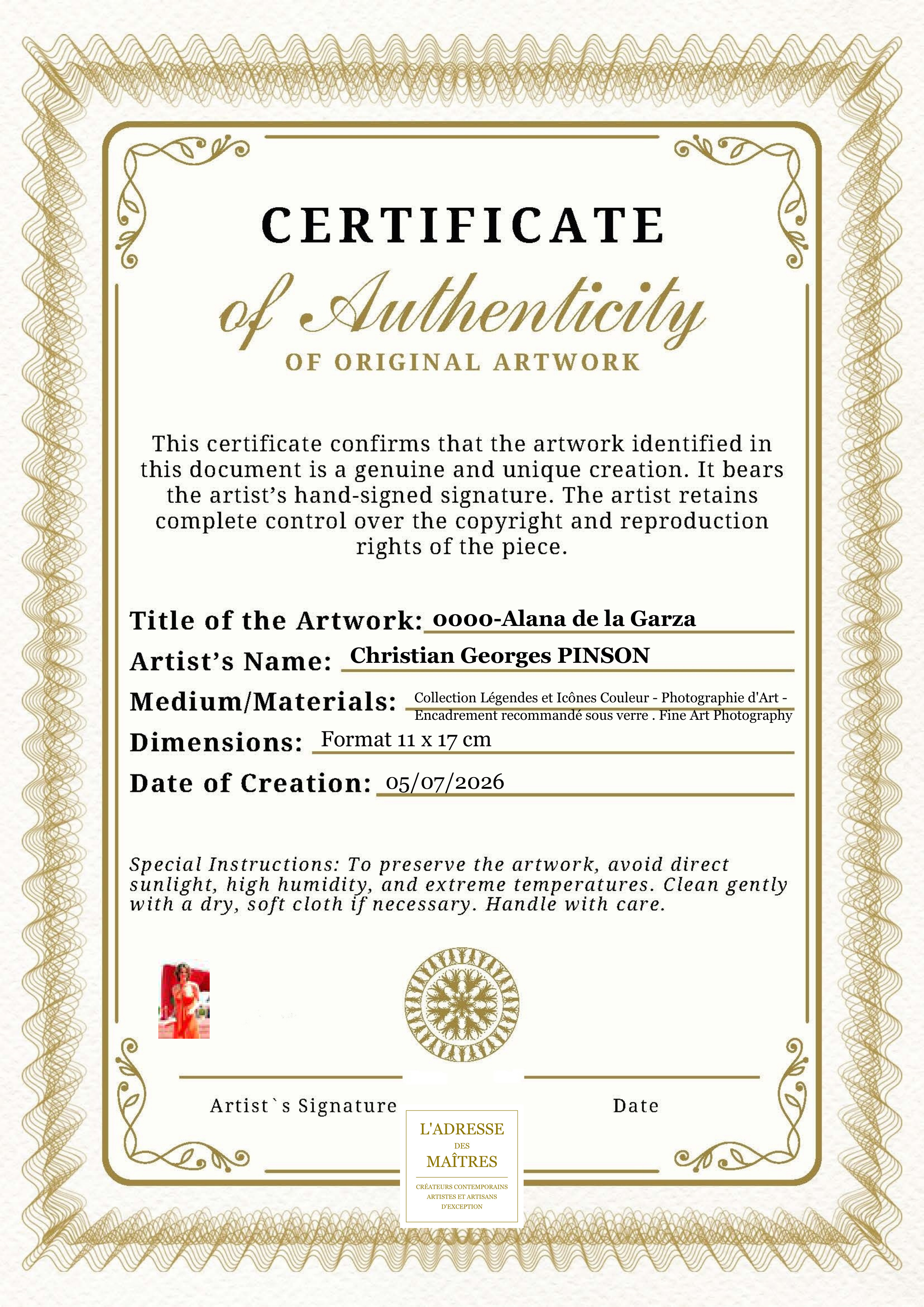 Certificat d'authenticité — 0000-Alana de la Garza — Christian Georges PINSON