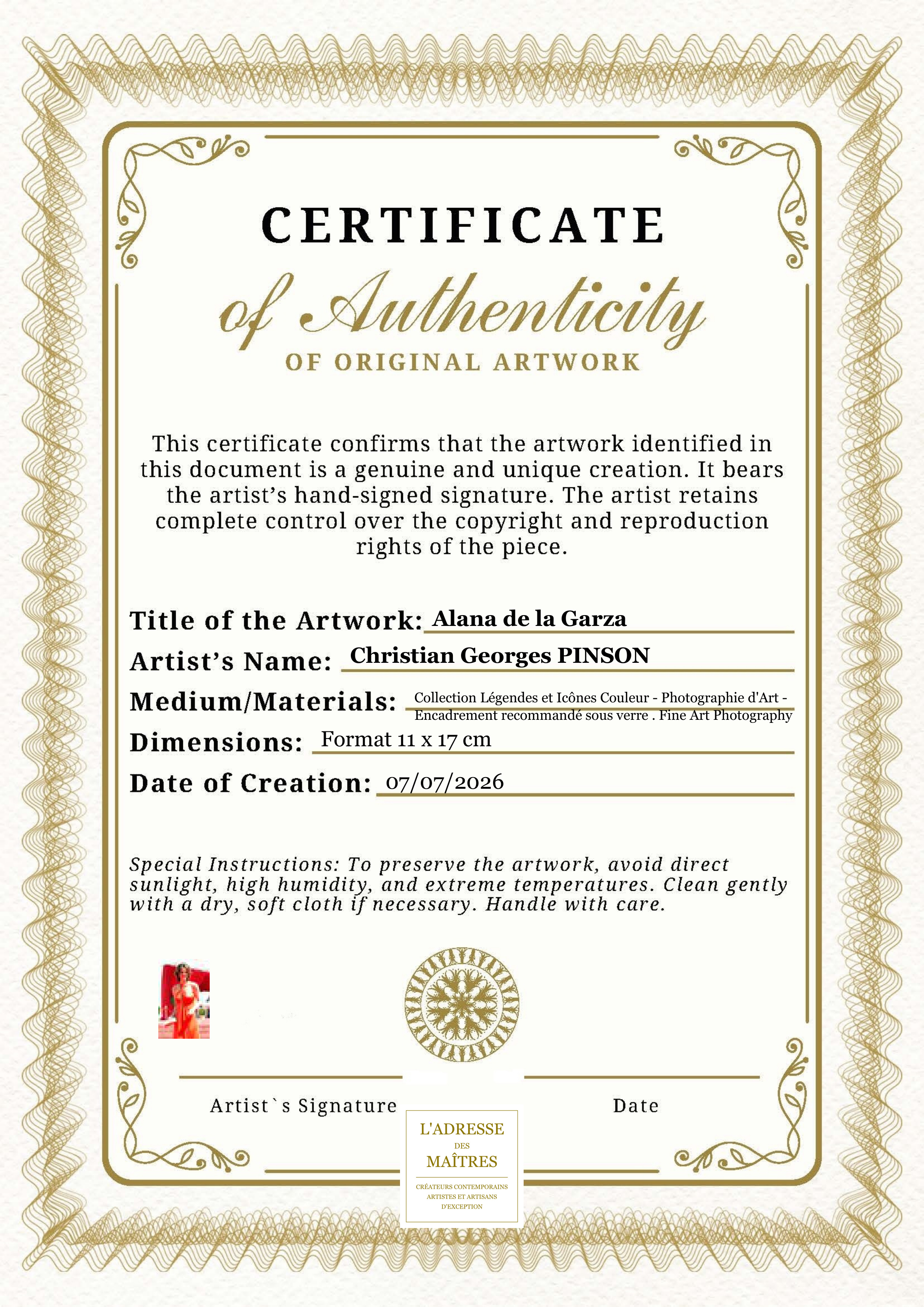 Certificat d'authenticité — Alana de la Garza — Christian Georges PINSON