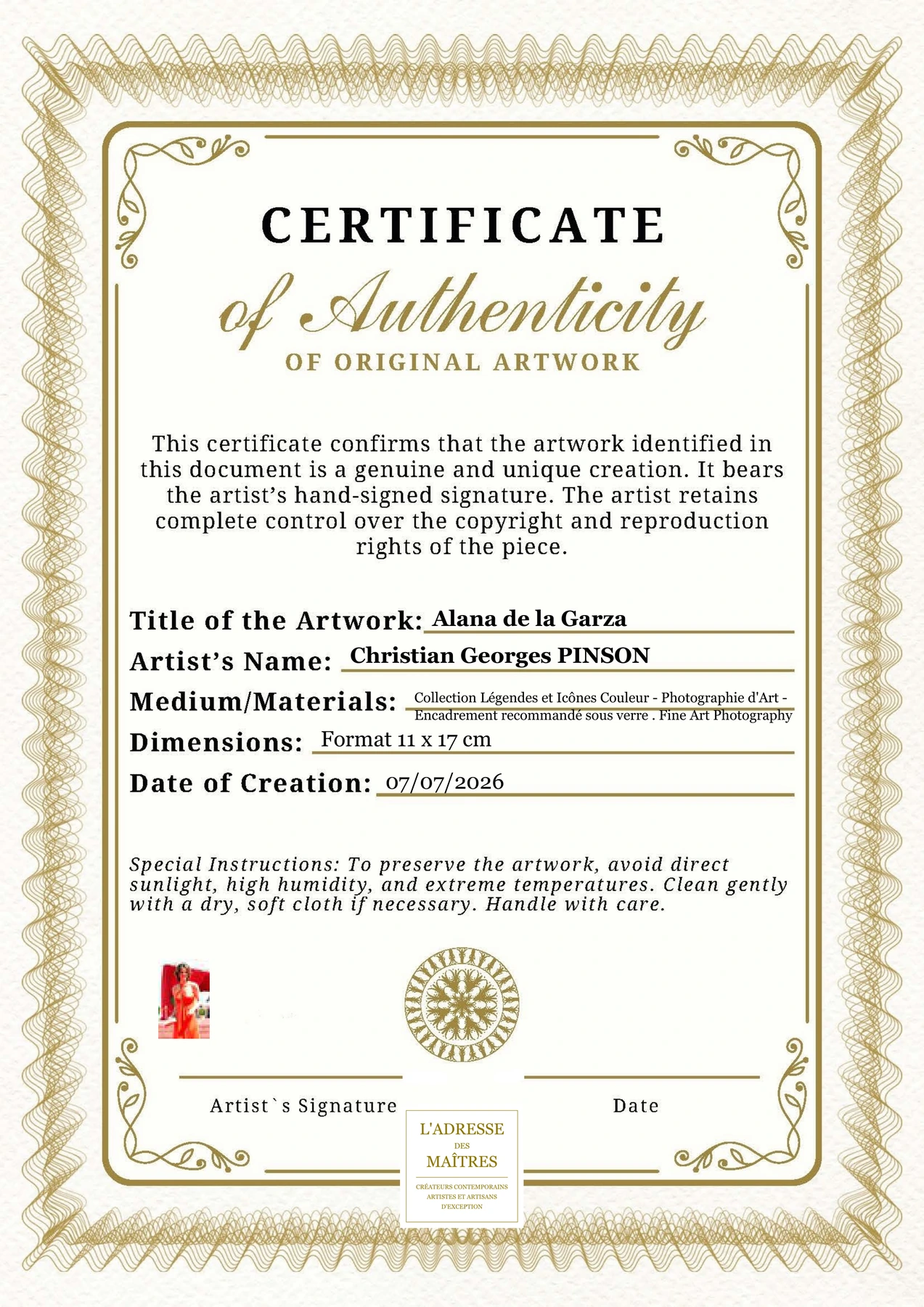 Certificat d'authenticité - Alana de la Garza - Christian Georges PINSON