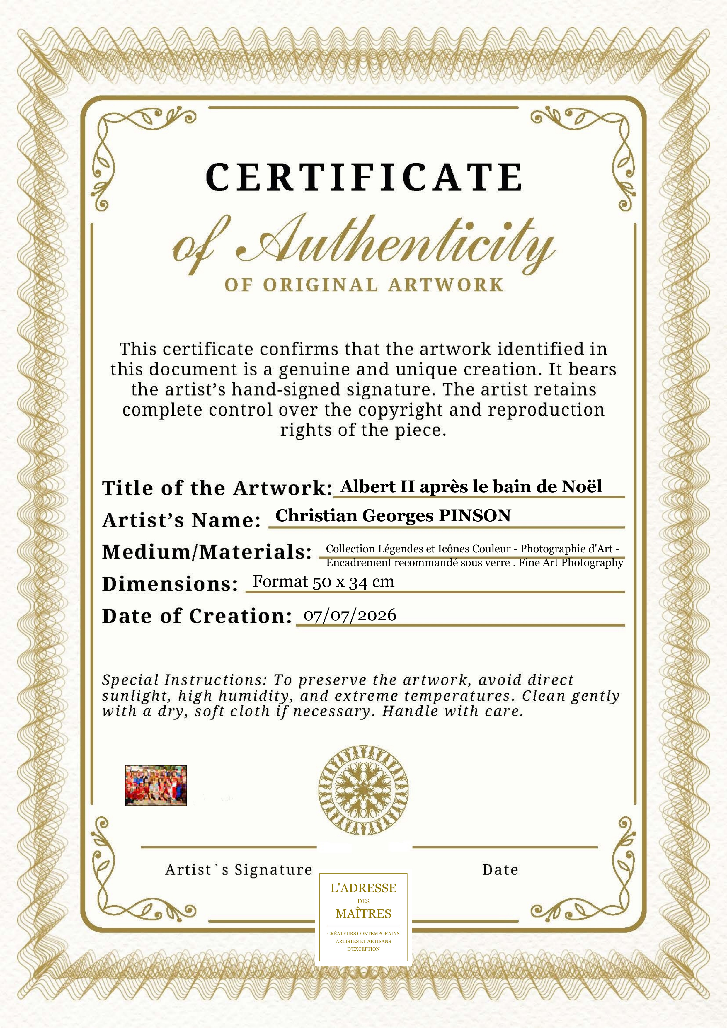 Certificat d'authenticité — Albert II après le bain de Noël — Christian Georges PINSON
