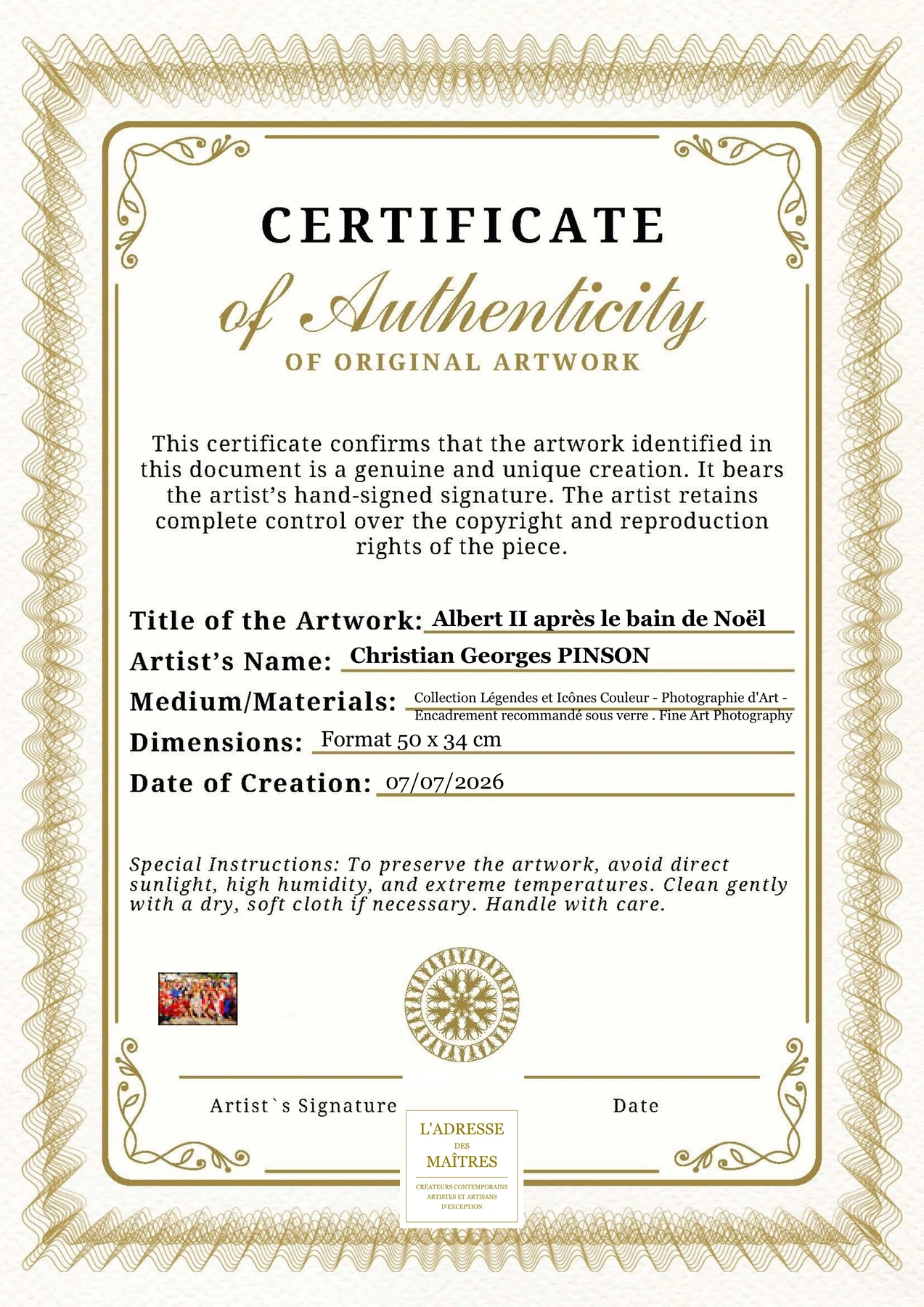 Certificat d'authenticité - Albert II après le bain de Noël - Christian Georges PINSON