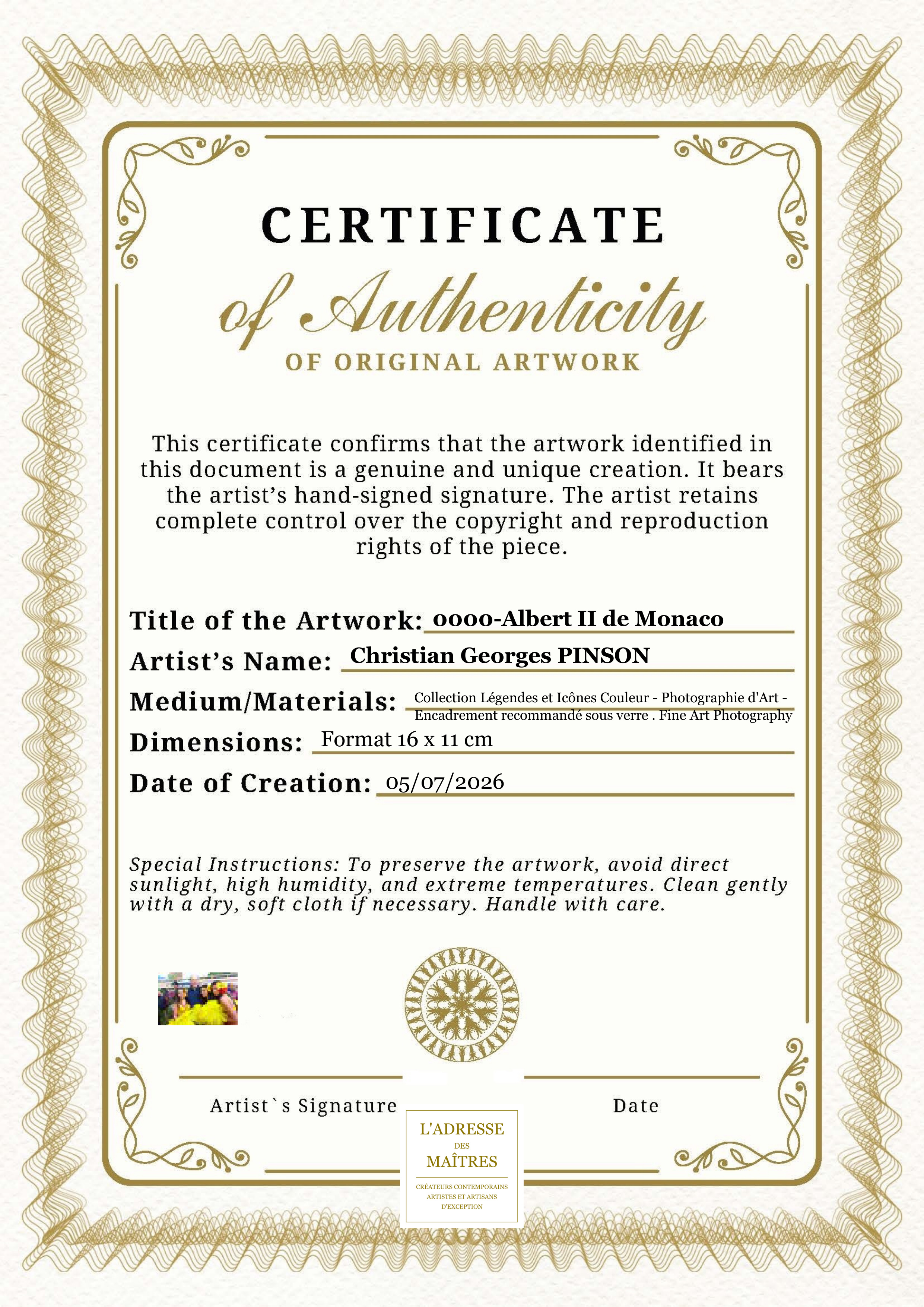 Certificat d'authenticité — 0000-Albert II de Monaco — Christian Georges PINSON