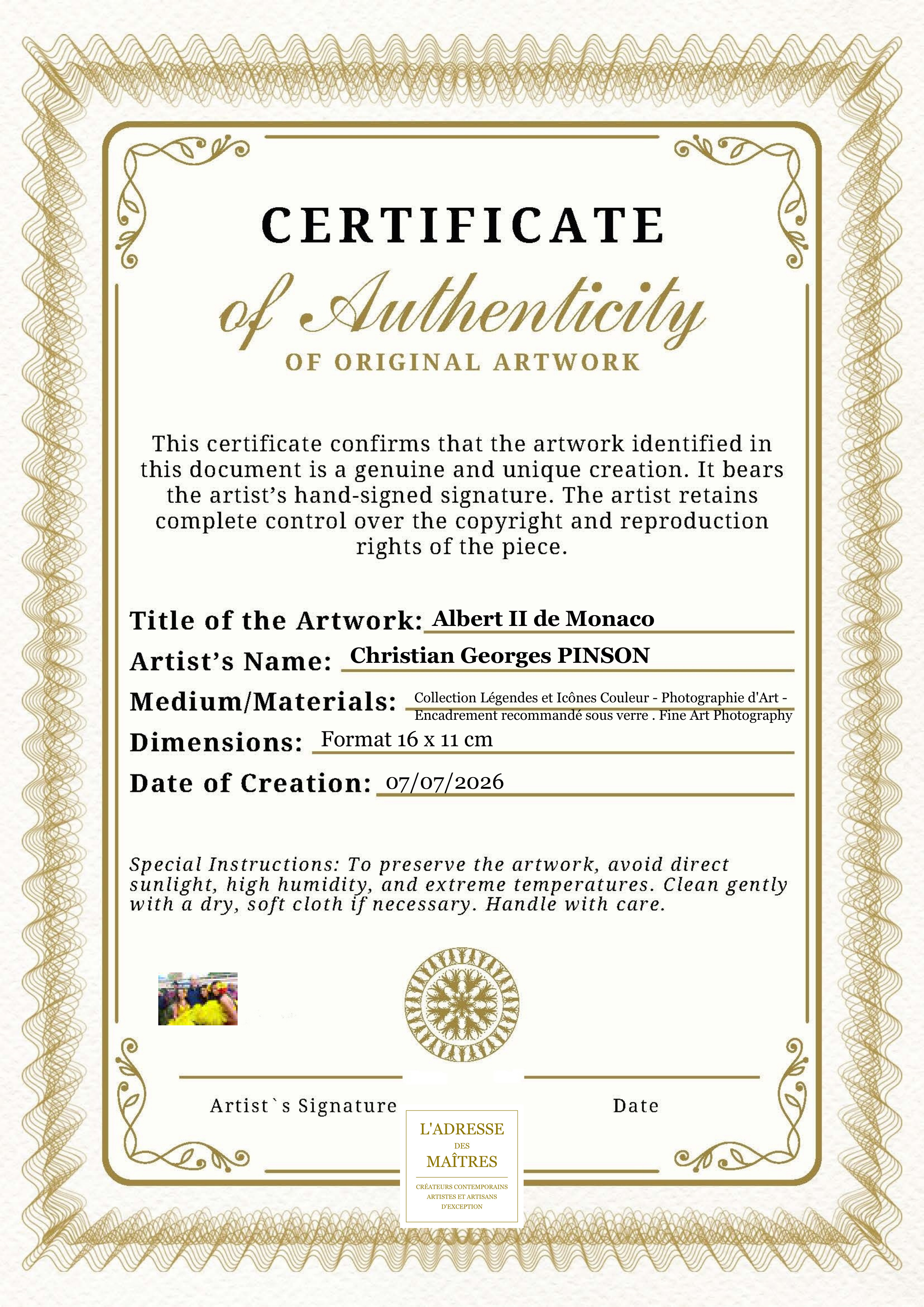 Certificat d'authenticité — Albert II de Monaco — Christian Georges PINSON