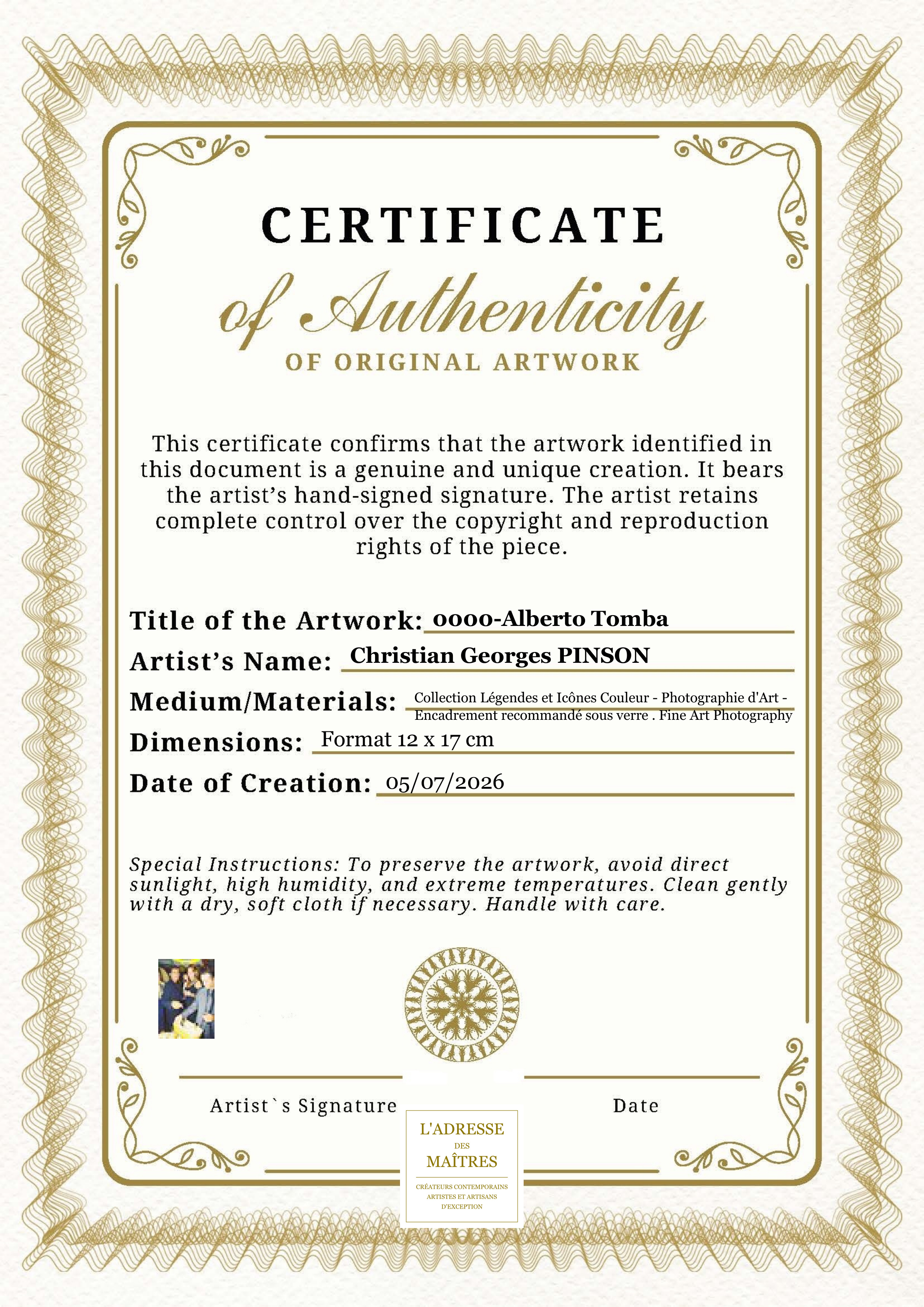 Certificat d'authenticité — 0000-Alberto Tomba — Christian Georges PINSON
