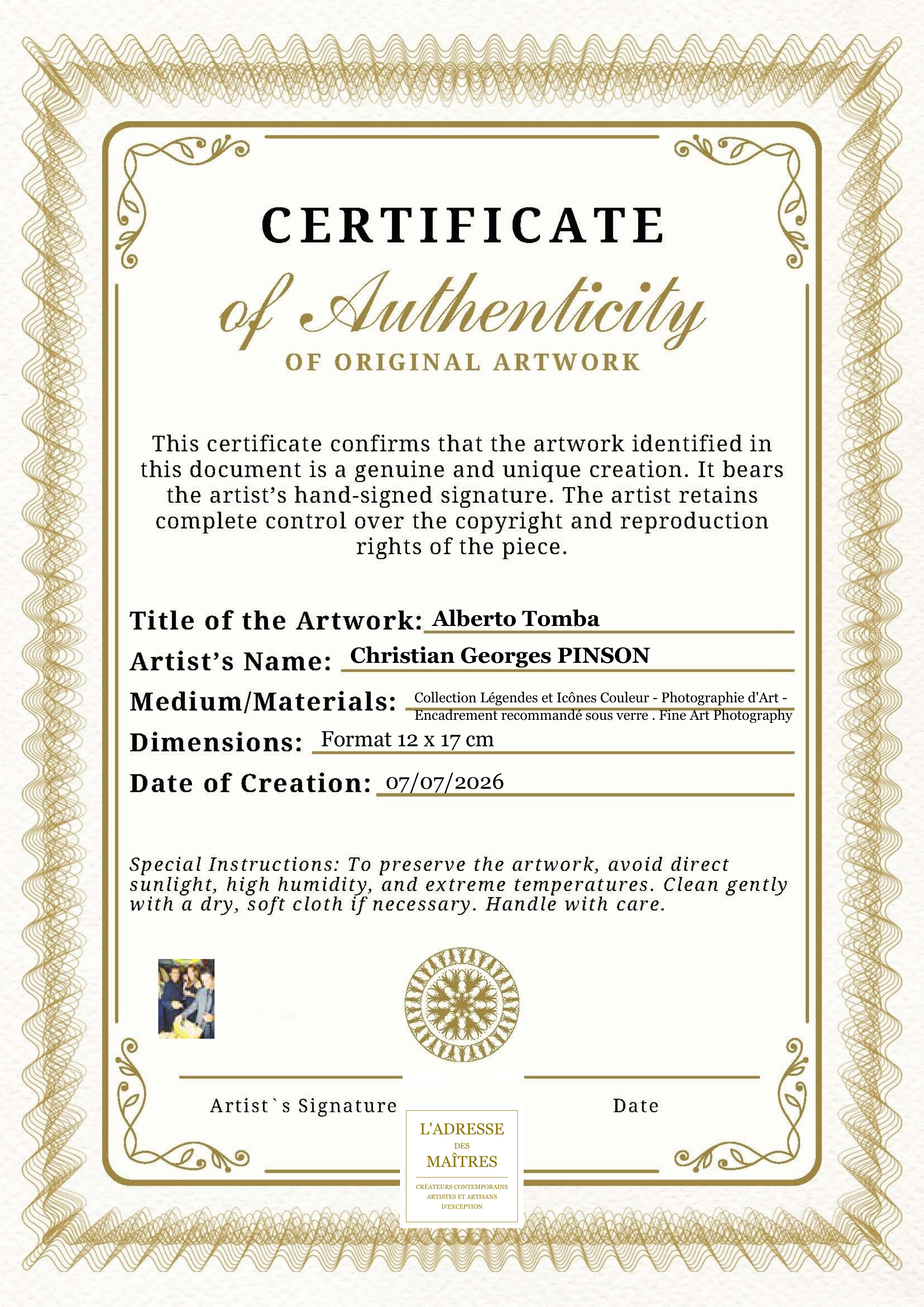 Certificat d'authenticité — Alberto Tomba — Christian Georges PINSON