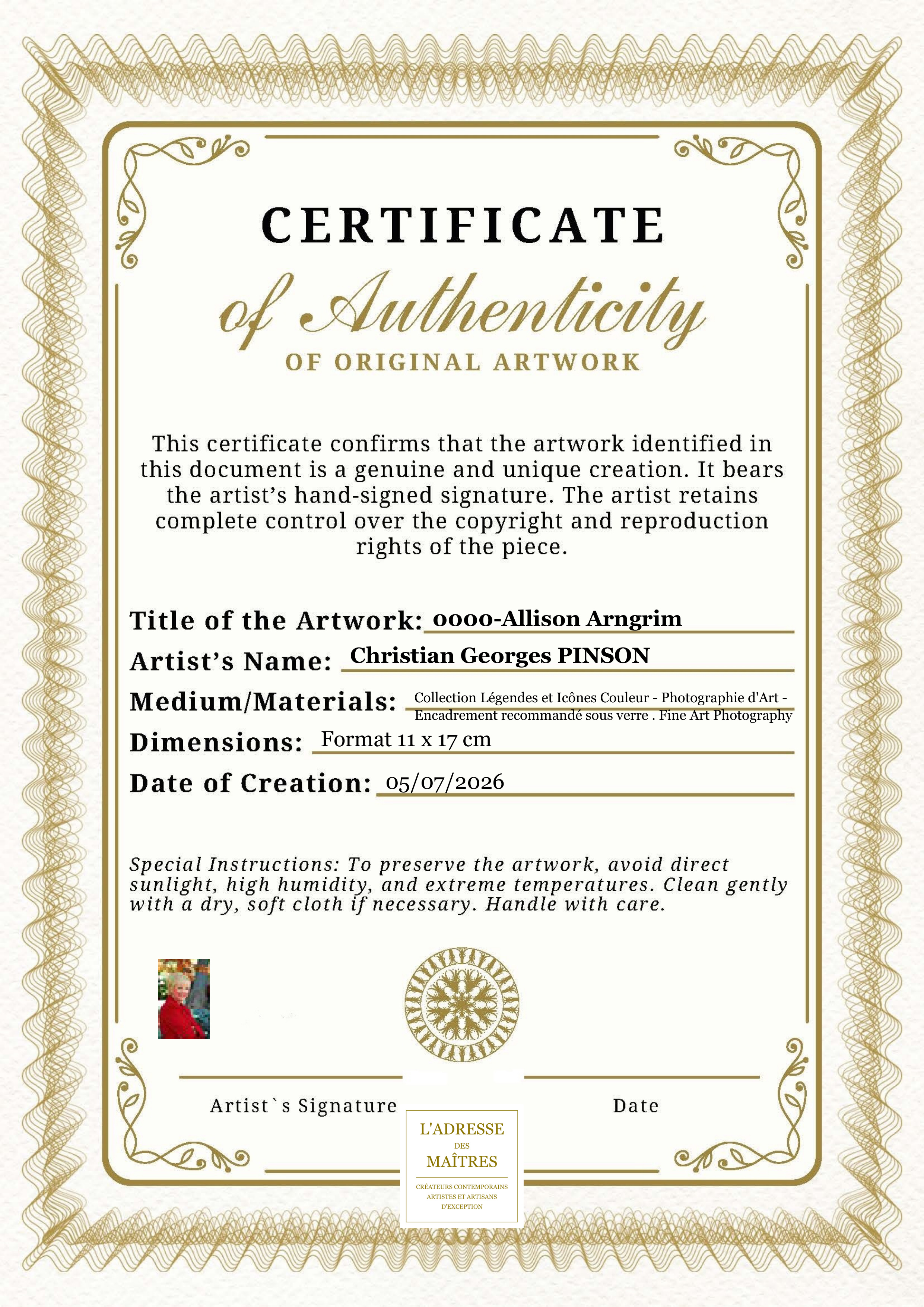 Certificat d'authenticité — 0000-Allison Arngrim — Christian Georges PINSON