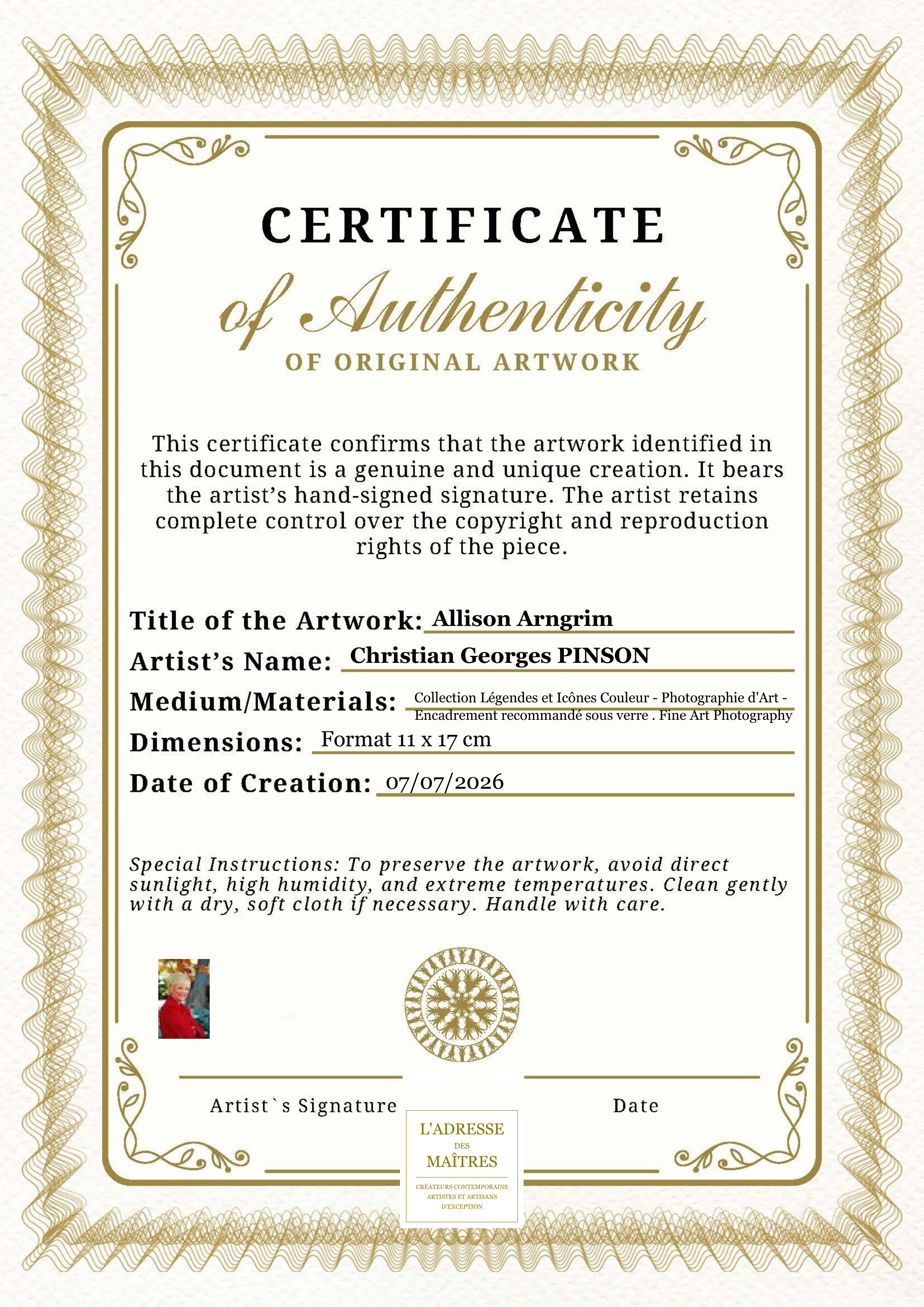Certificat d'authenticité — Allison Arngrim — Christian Georges PINSON