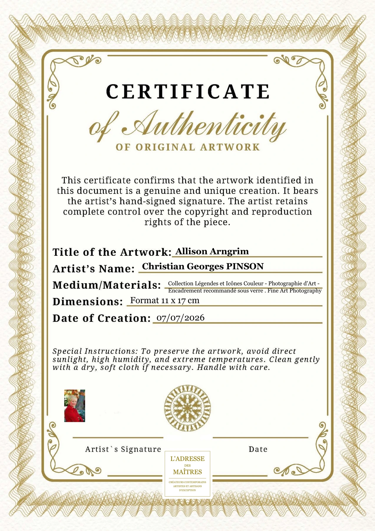 Certificat d'authenticité - Allison Arngrim - Christian Georges PINSON