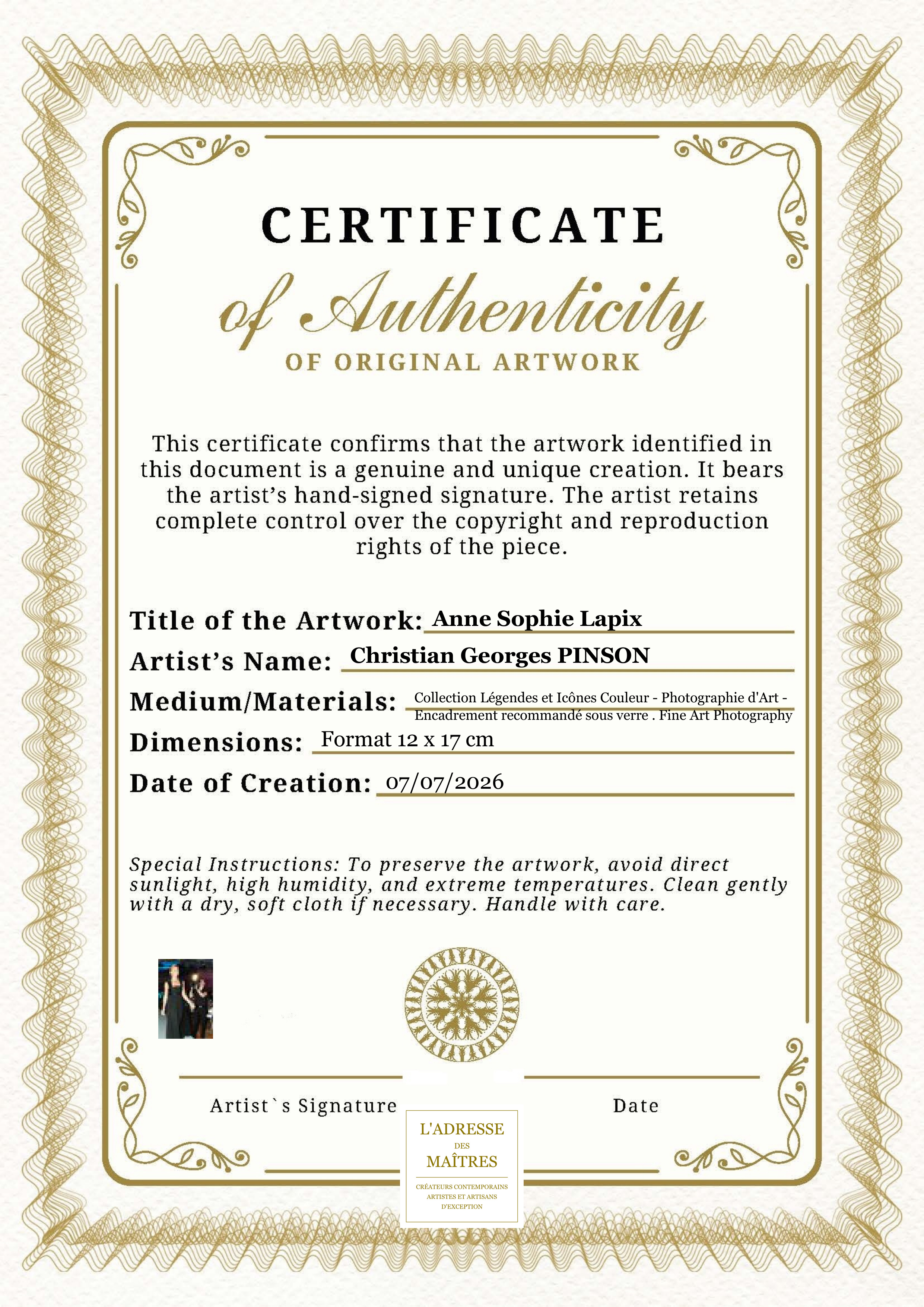 Certificat d'authenticité — Anne Sophie Lapix — Christian Georges PINSON