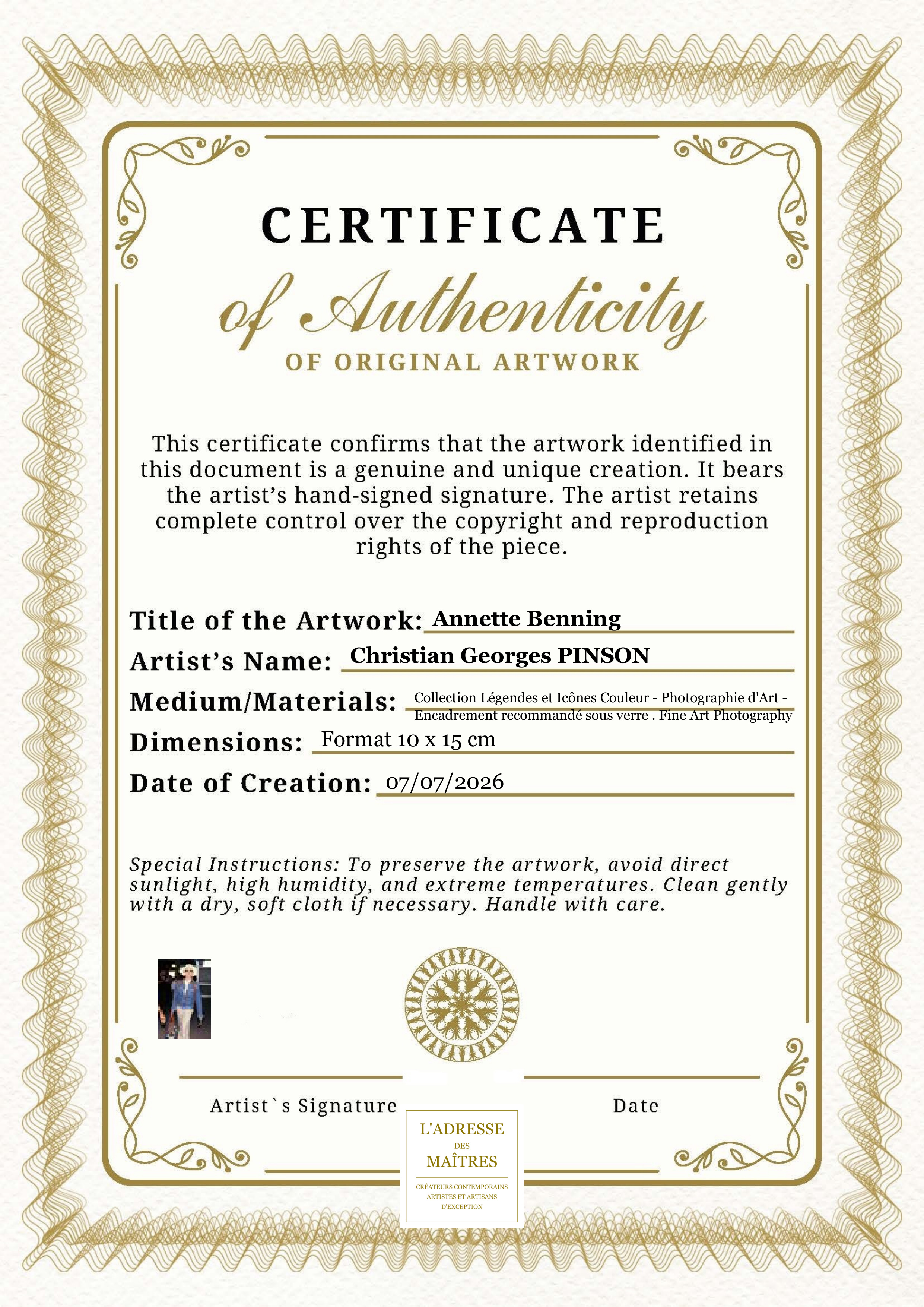 Certificat d'authenticité — Annette Benning — Christian Georges PINSON