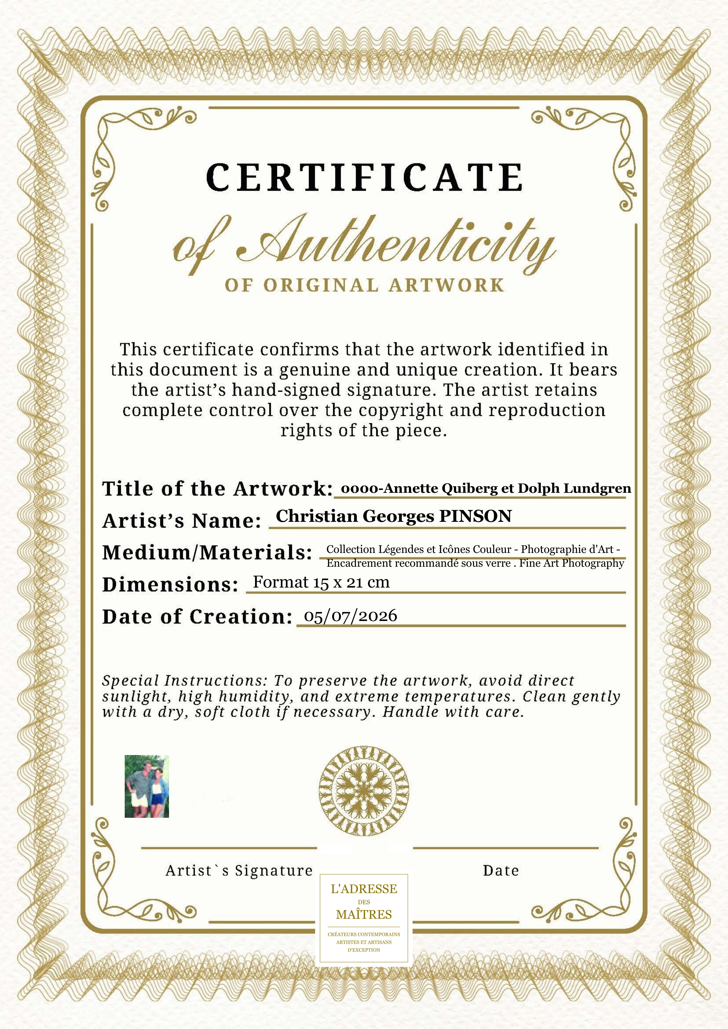 Certificat d'authenticité — 0000-Annette Quiberg et Dolph Lundgren — Christian Georges PINSON