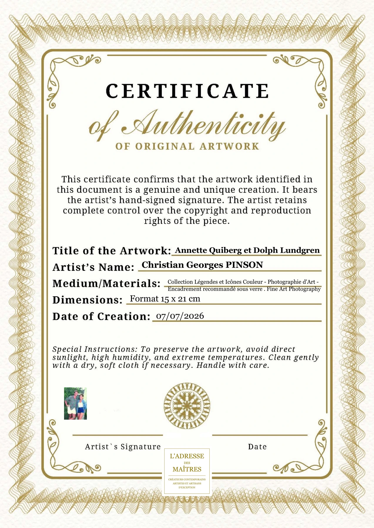 Certificat d'authenticité - Annette Quiberg et Dolph Lundgren - Christian Georges PINSON