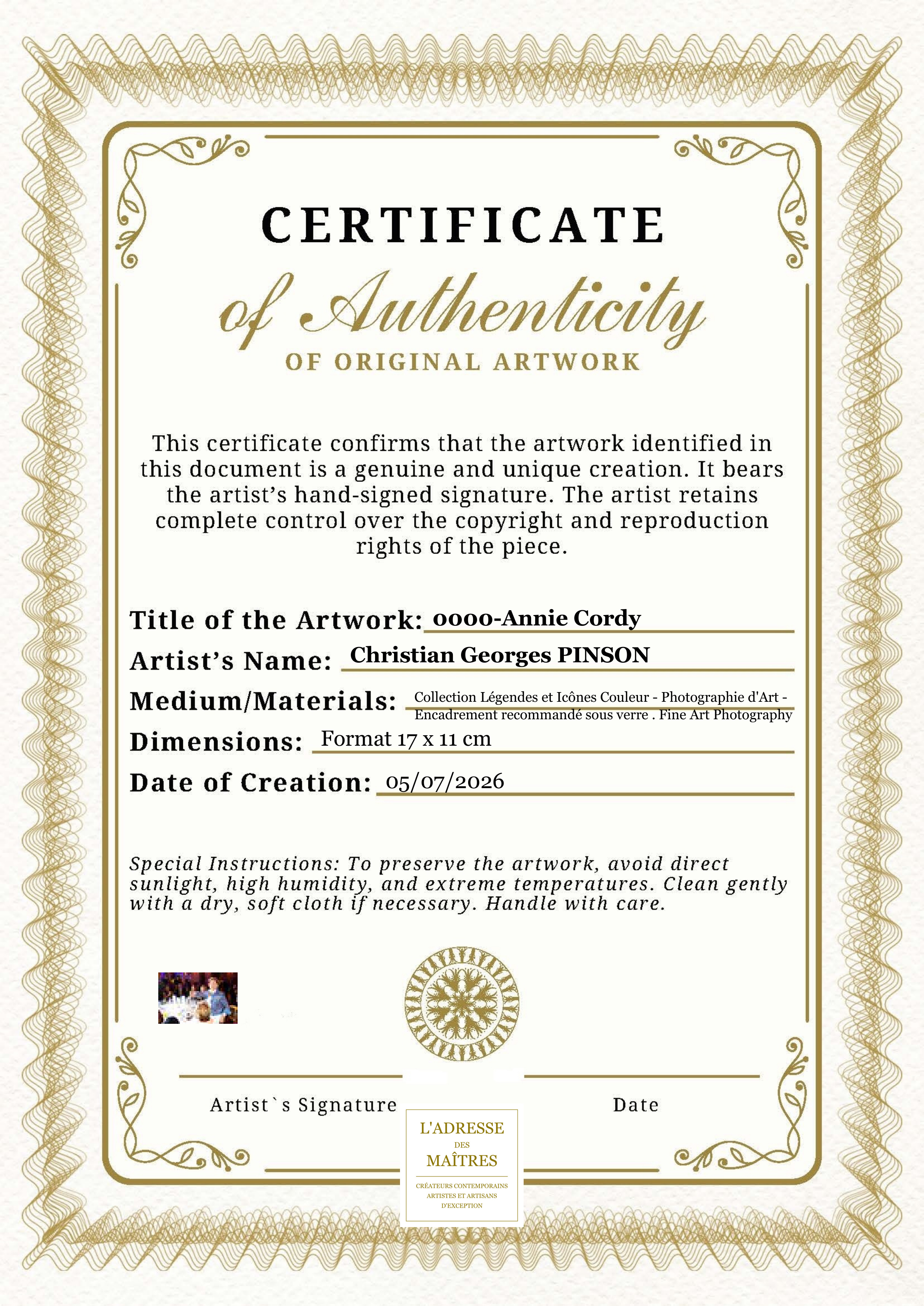Certificat d'authenticité — 0000-Annie Cordy — Christian Georges PINSON