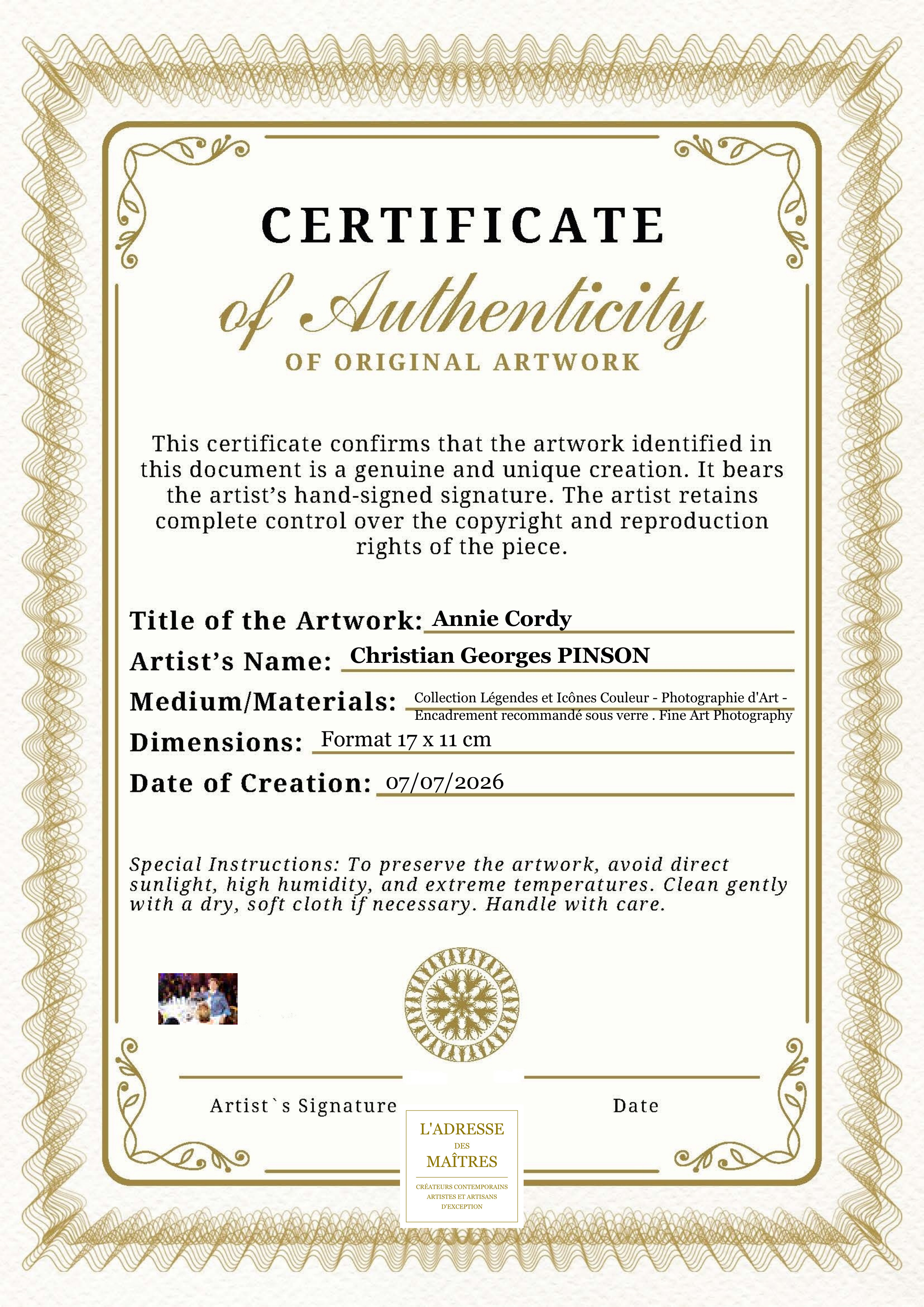Certificat d'authenticité — Annie Cordy — Christian Georges PINSON