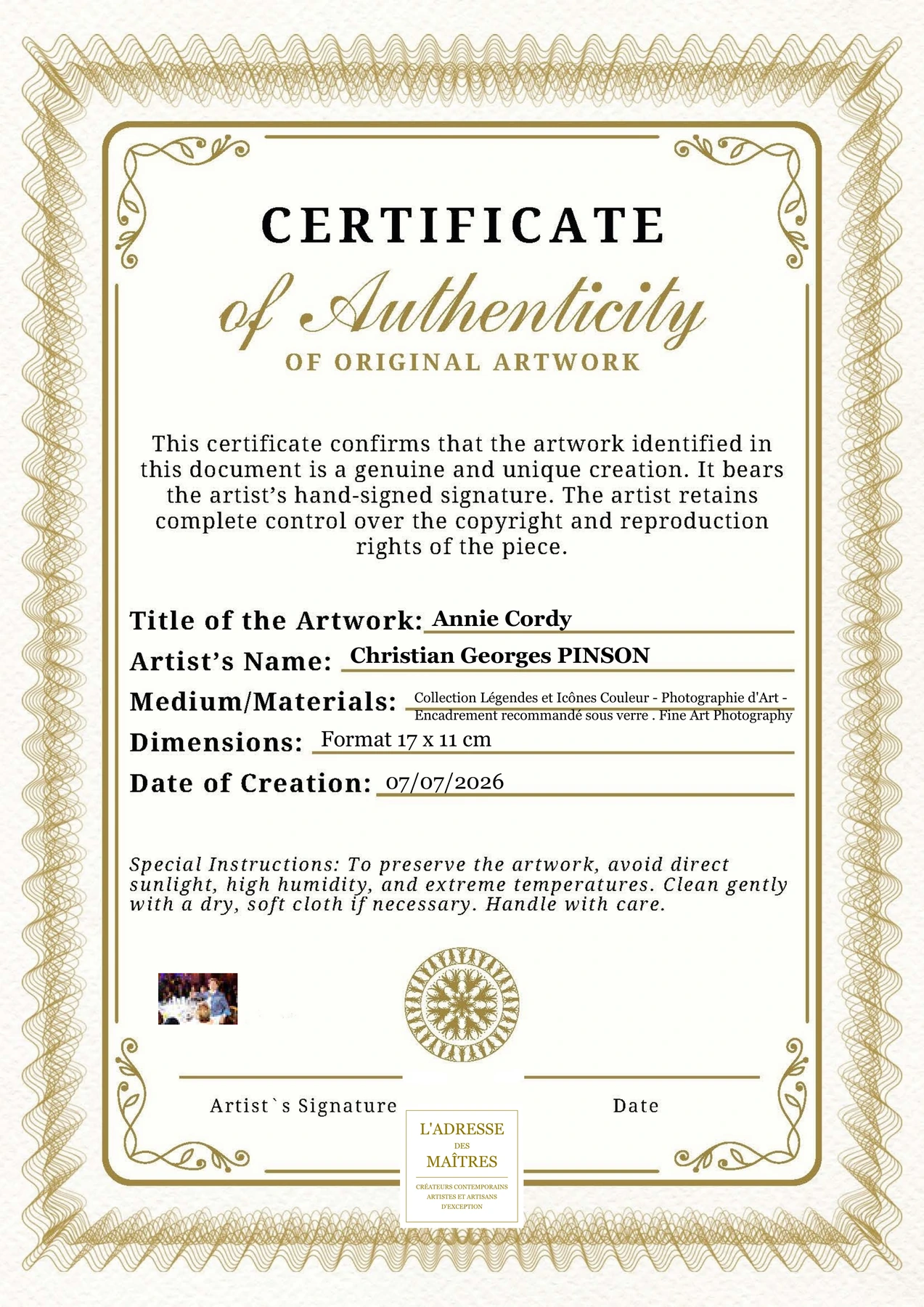 Certificat d'authenticité - Annie Cordy - Christian Georges PINSON