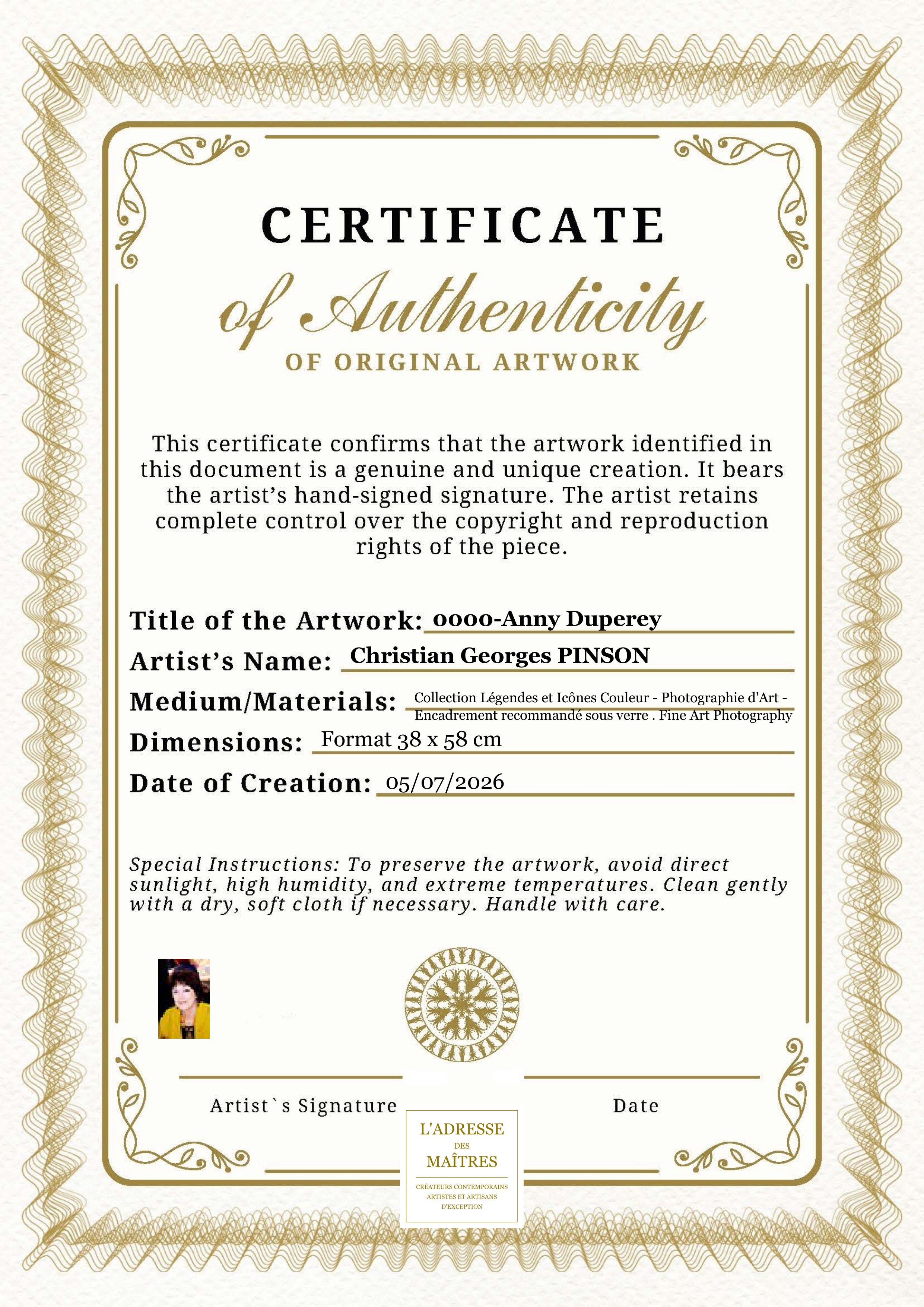 Certificat d'authenticité — 0000-Anny Duperey — Christian Georges PINSON