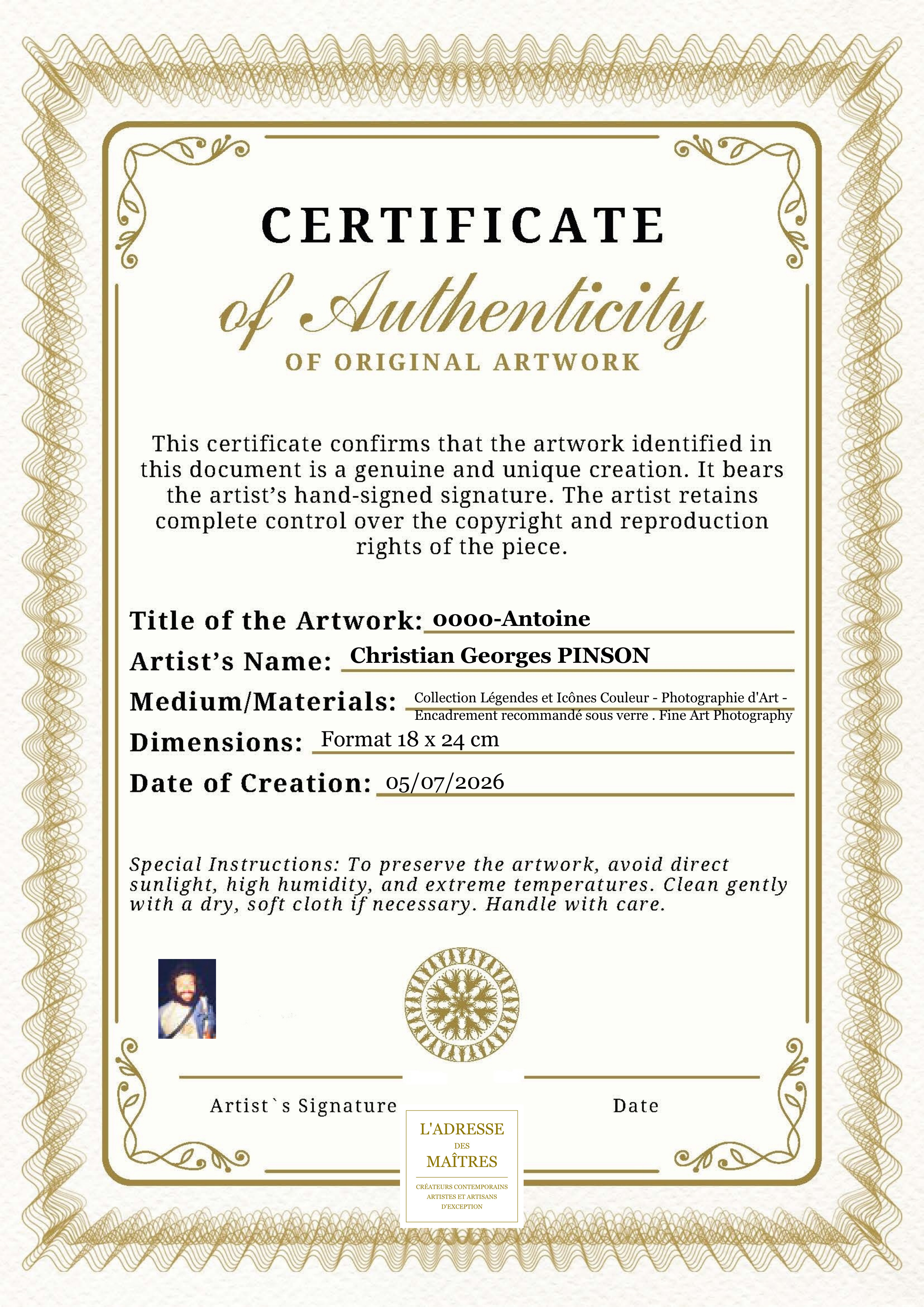 Certificat d'authenticité — 0000-Antoine — Christian Georges PINSON