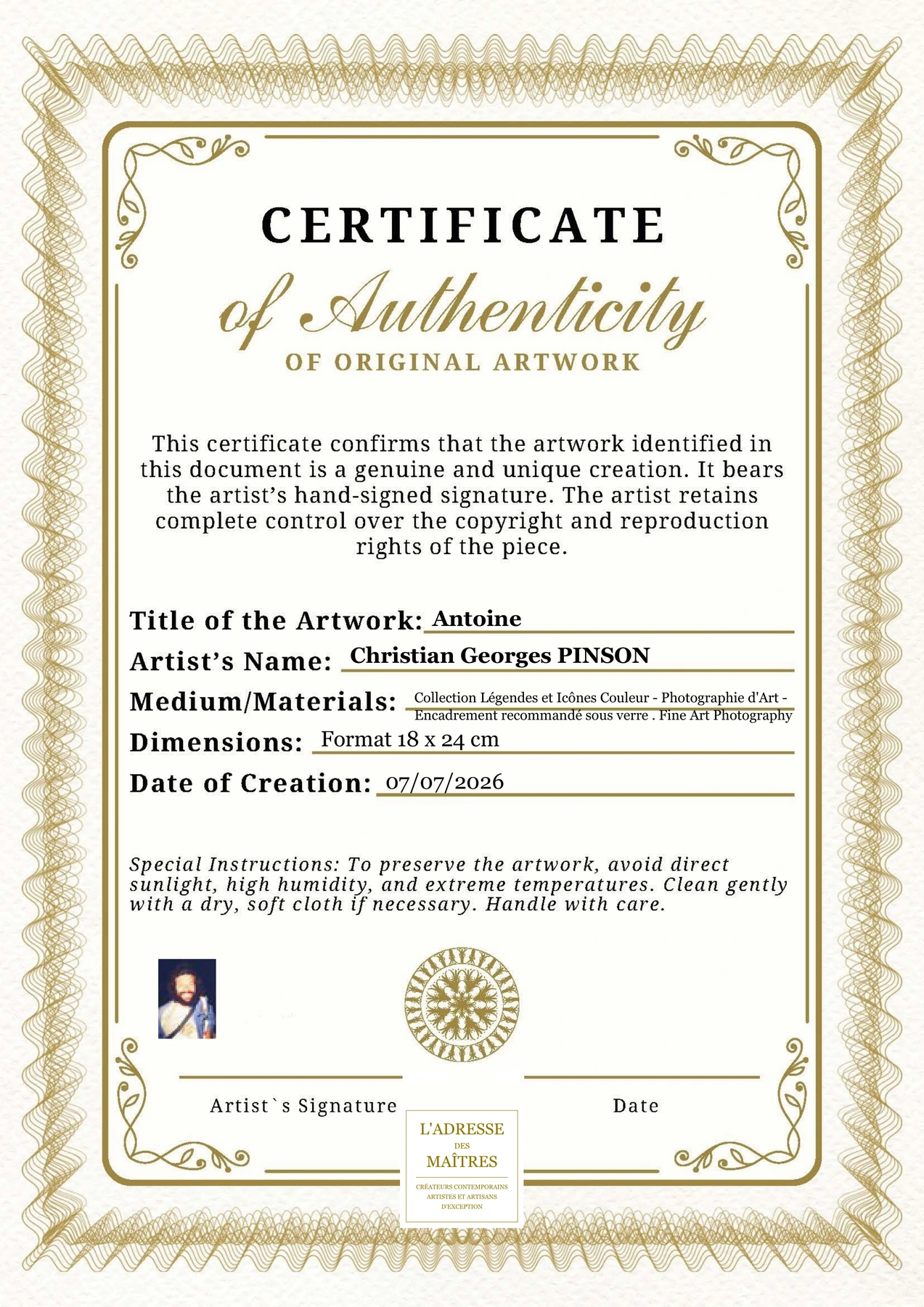 Certificat d'authenticité - Antoine - Christian Georges PINSON