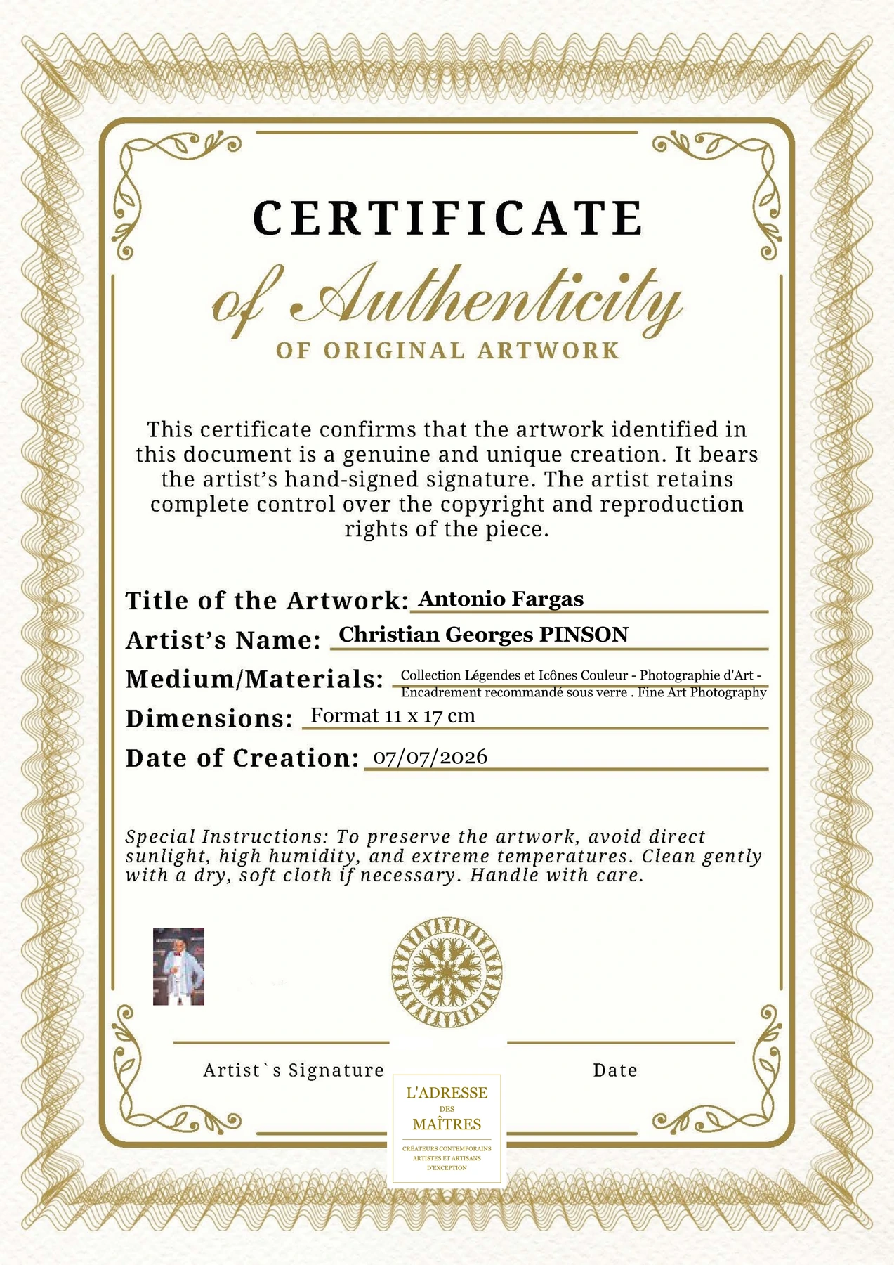 Certificat d'authenticité - Antonio Fargas - Christian Georges PINSON