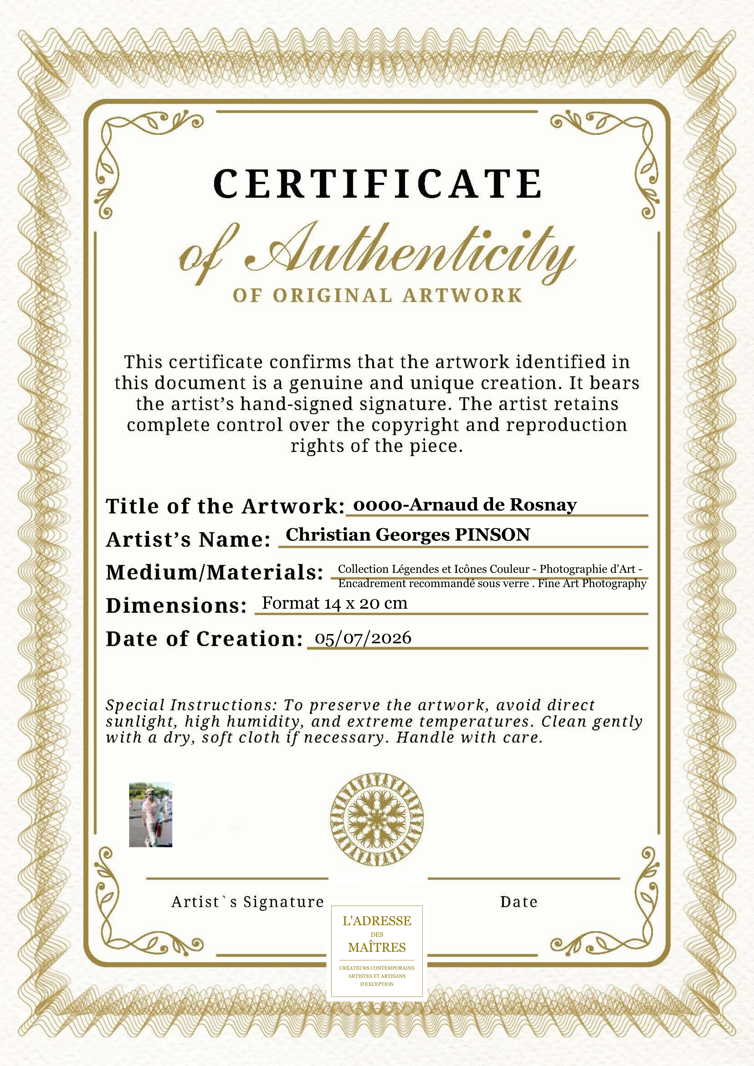 Certificat d'authenticité — 0000-Arnaud de Rosnay — Christian Georges PINSON