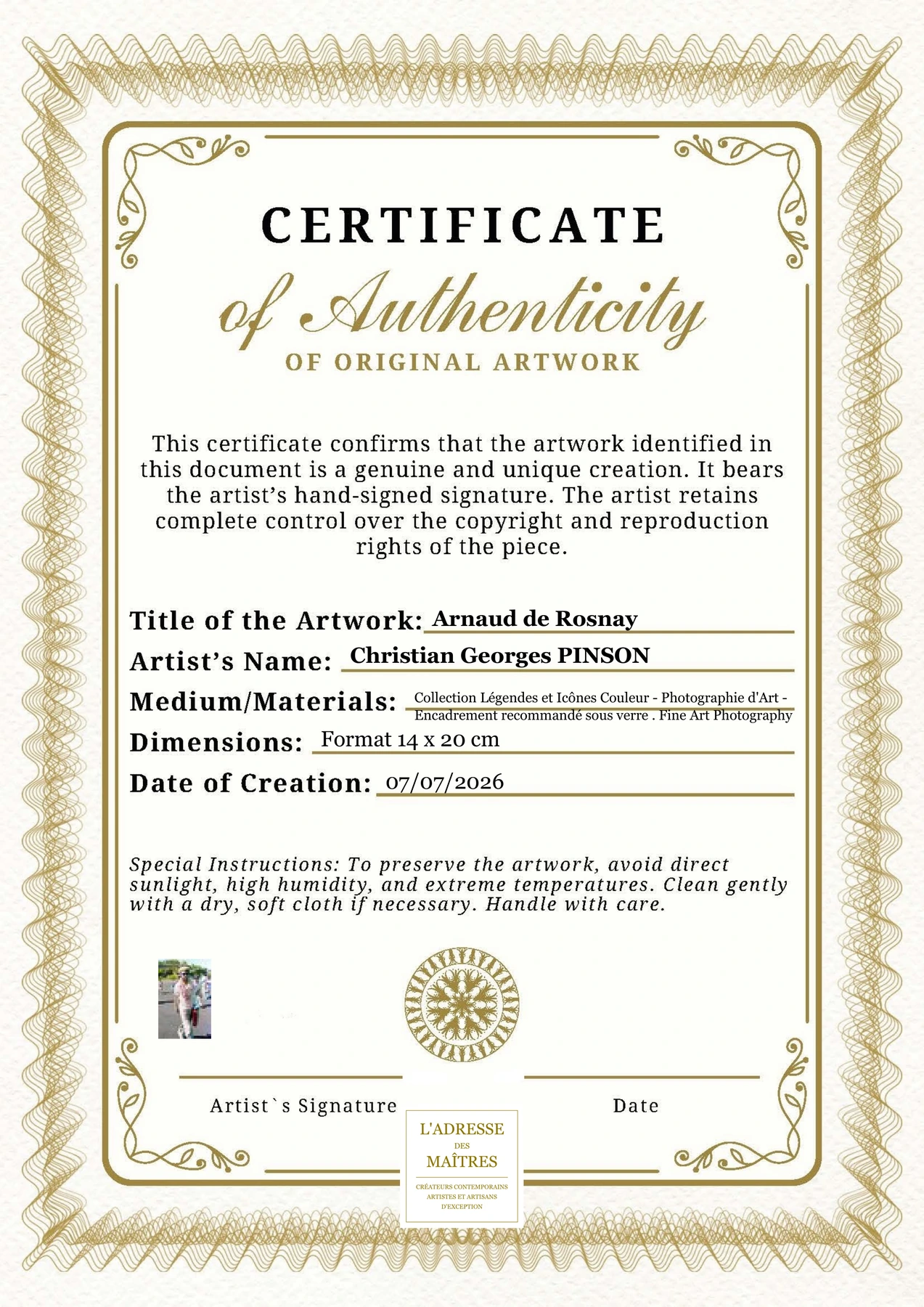 Certificat d'authenticité - Arnaud de Rosnay - Christian Georges PINSON