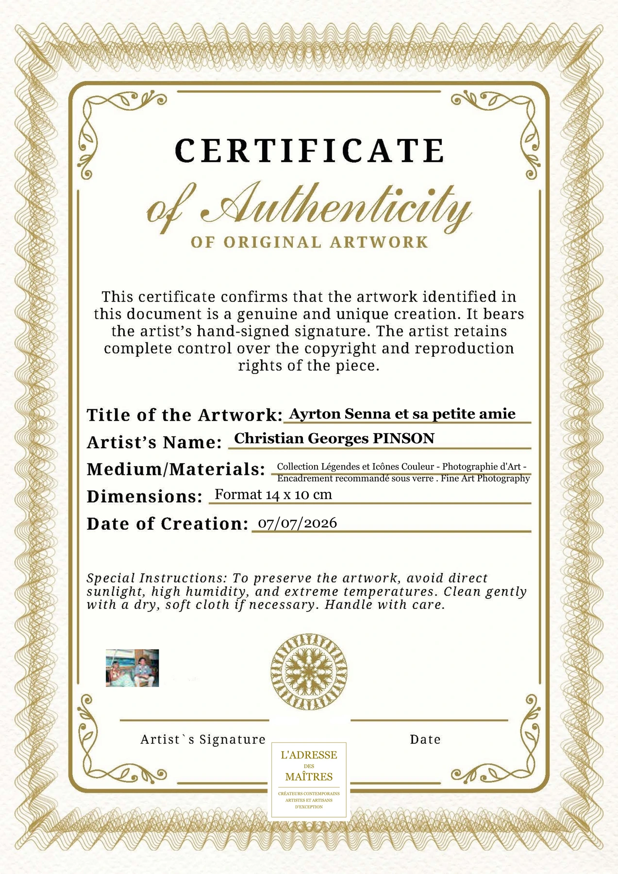 Certificat d'authenticité - Ayrton Senna et sa petite amie - Christian Georges PINSON