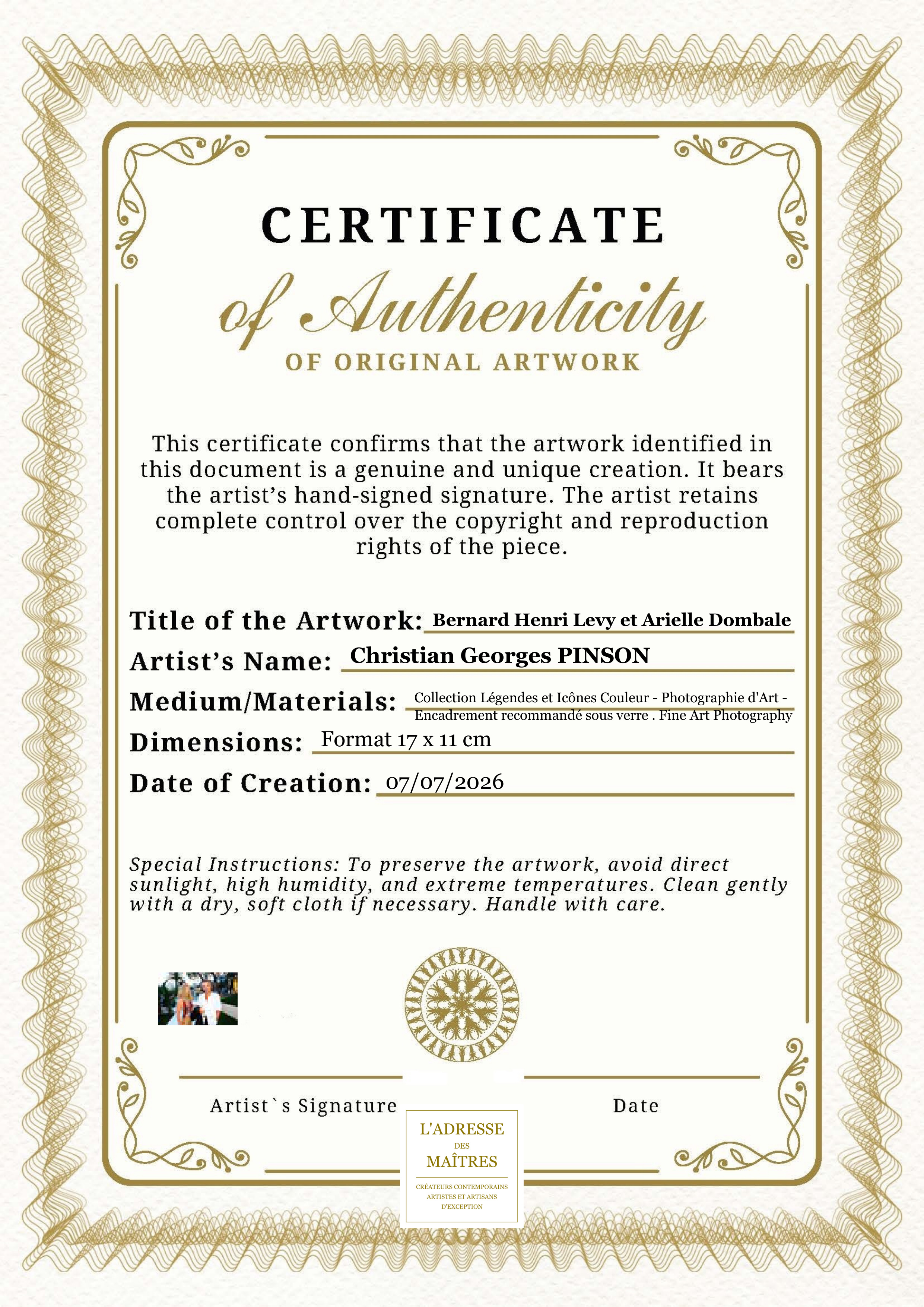 Certificat d'authenticité — Bernard Henri Levy et Arielle Dombale — Christian Georges PINSON