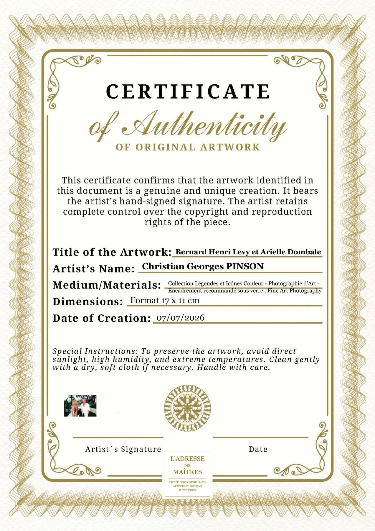 Certificat d'authenticité - Bernard Henri Levy et Arielle Dombale - Christian Georges PINSON
