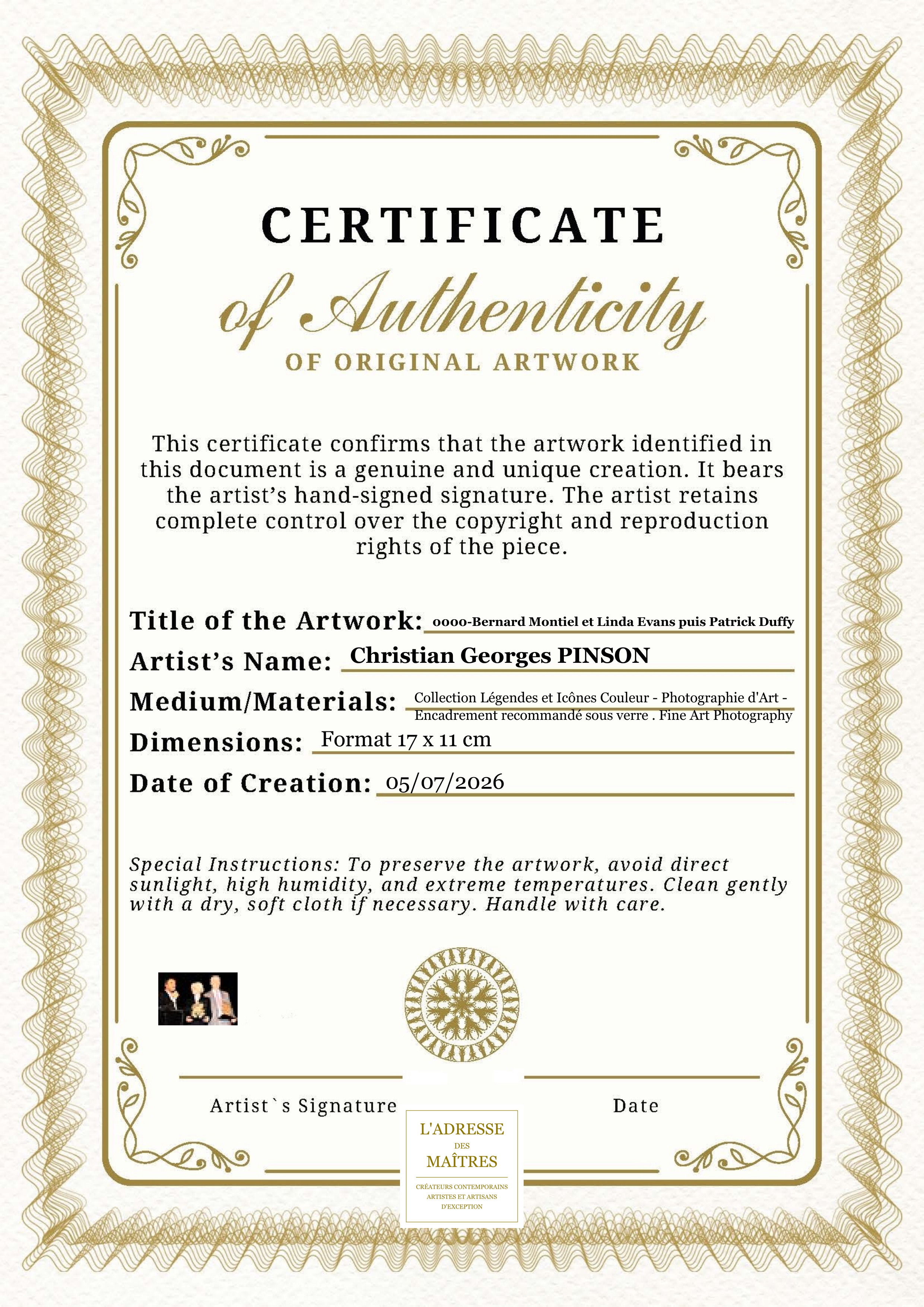 Certificat d'authenticité — 0000-Bernard Montiel et Linda Evans puis Patrick Duffy — Christian Georges PINSON