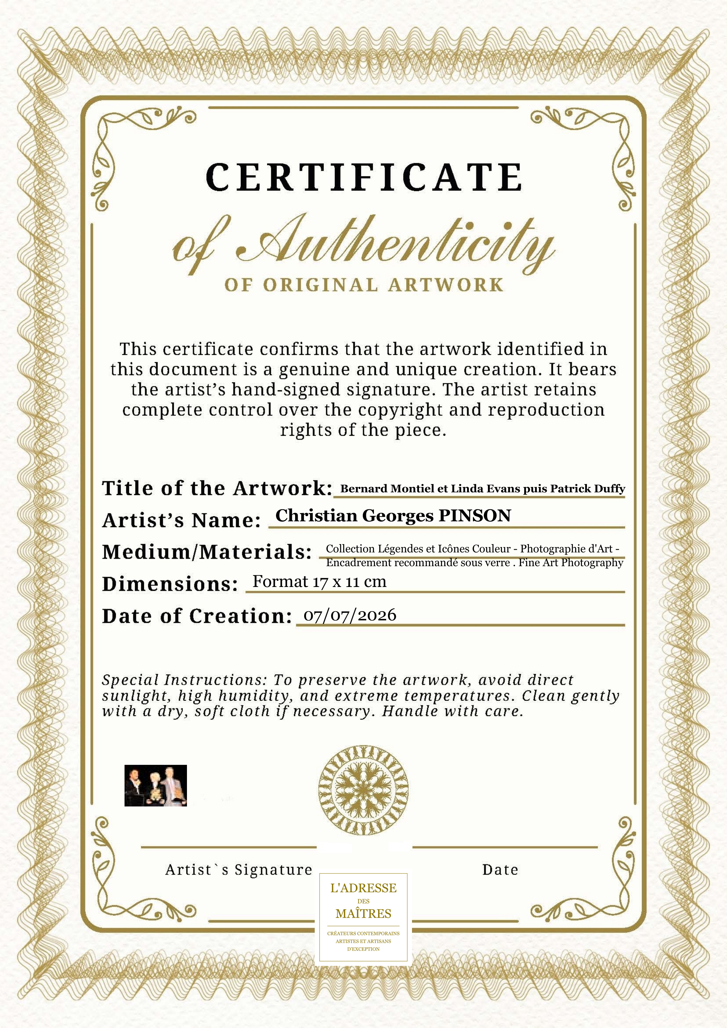 Certificat d'authenticité — Bernard Montiel et Linda Evans puis Patrick Duffy — Christian Georges PINSON