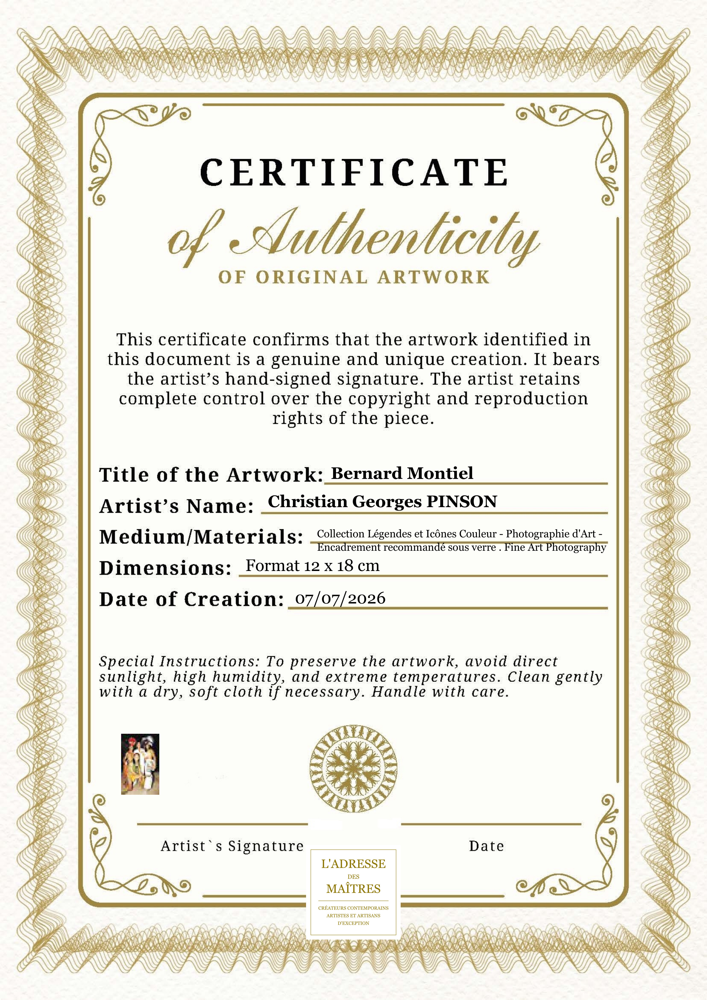 Certificat d'authenticité — Bernard Montiel — Christian Georges PINSON