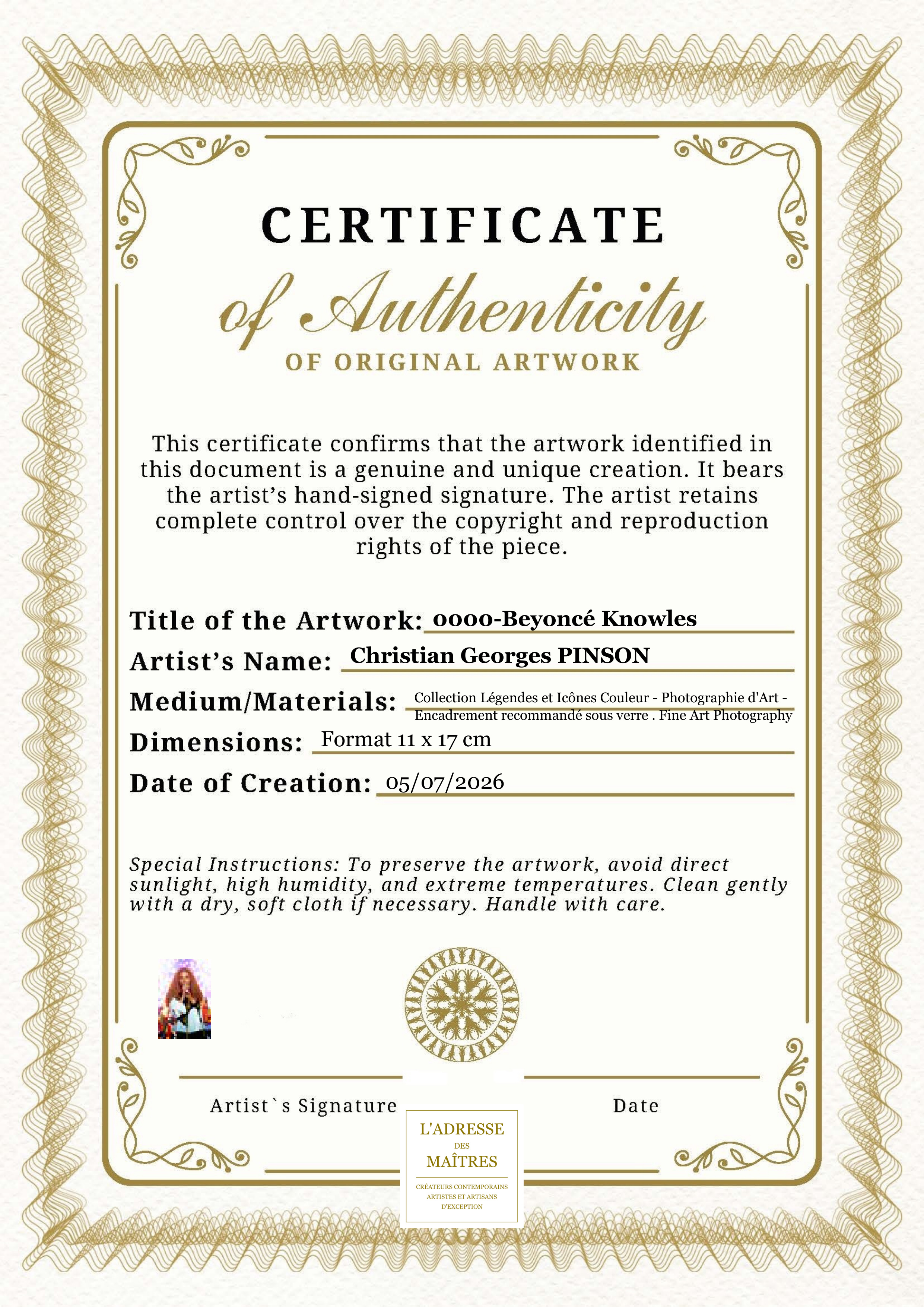 Certificat d'authenticité — 0000-Beyoncé Knowles — Christian Georges PINSON