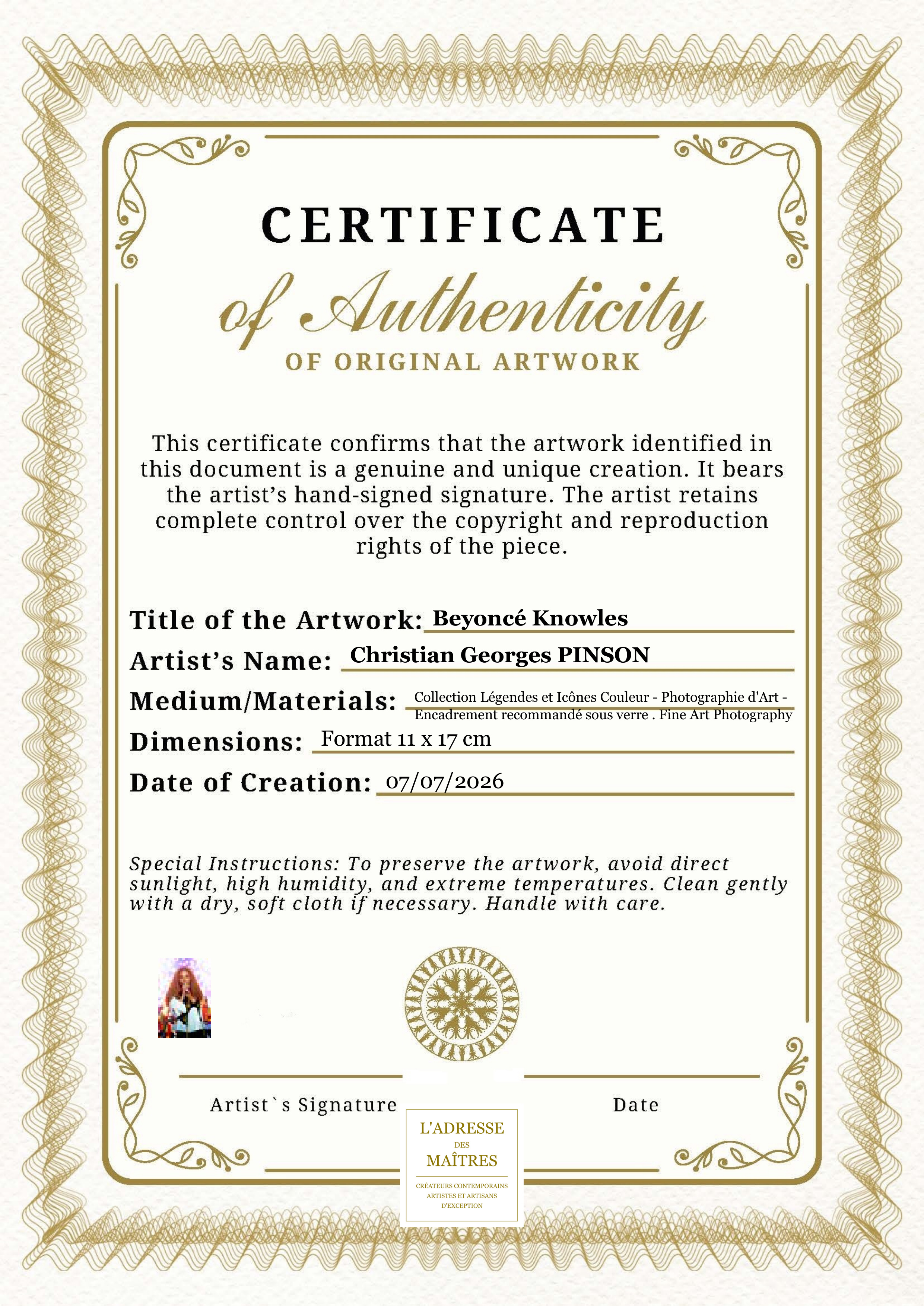 Certificat d'authenticité — Beyoncé Knowles — Christian Georges PINSON