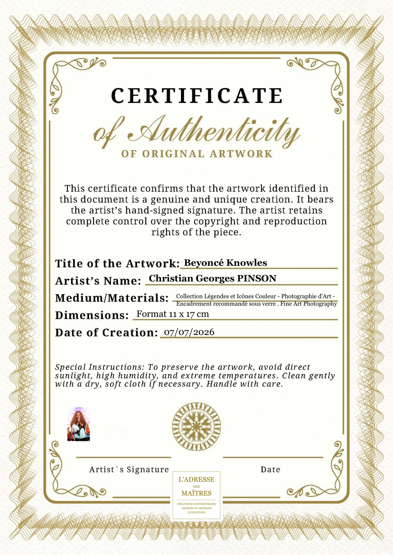 Certificat d'authenticité - Beyoncé Knowles - Christian Georges PINSON