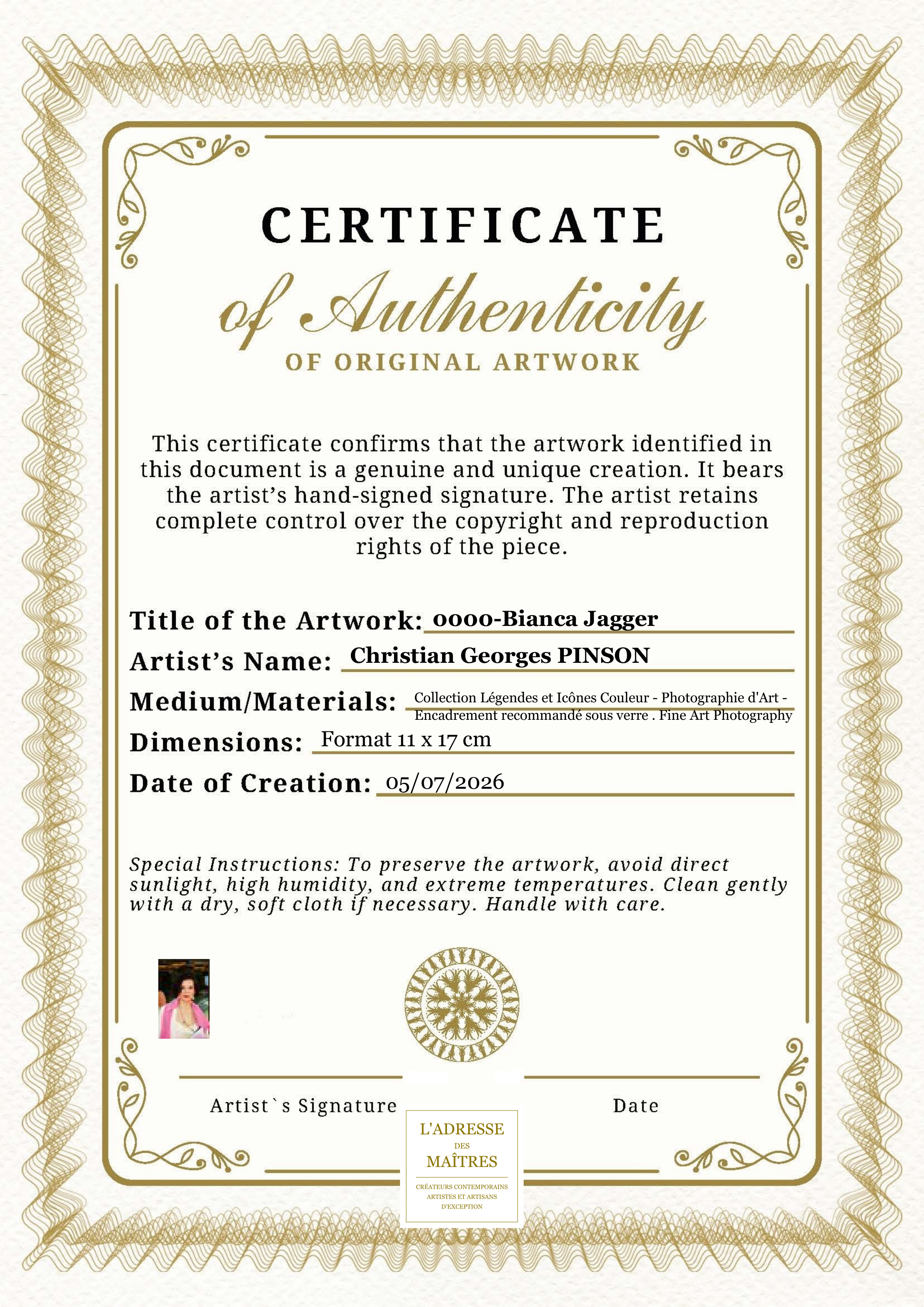 Certificat d'authenticité — 0000-Bianca Jagger — Christian Georges PINSON