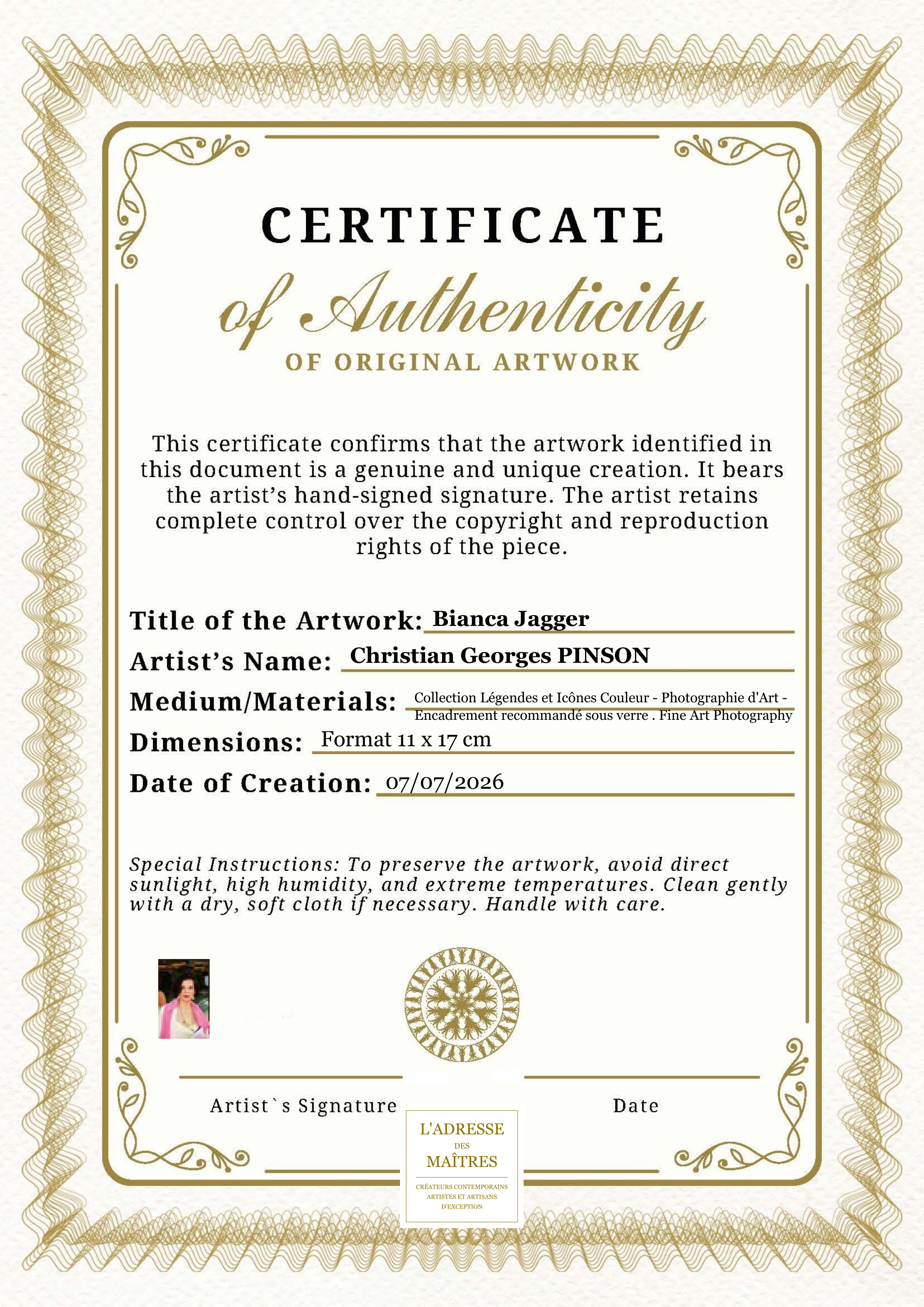 Certificat d'authenticité — Bianca Jagger — Christian Georges PINSON