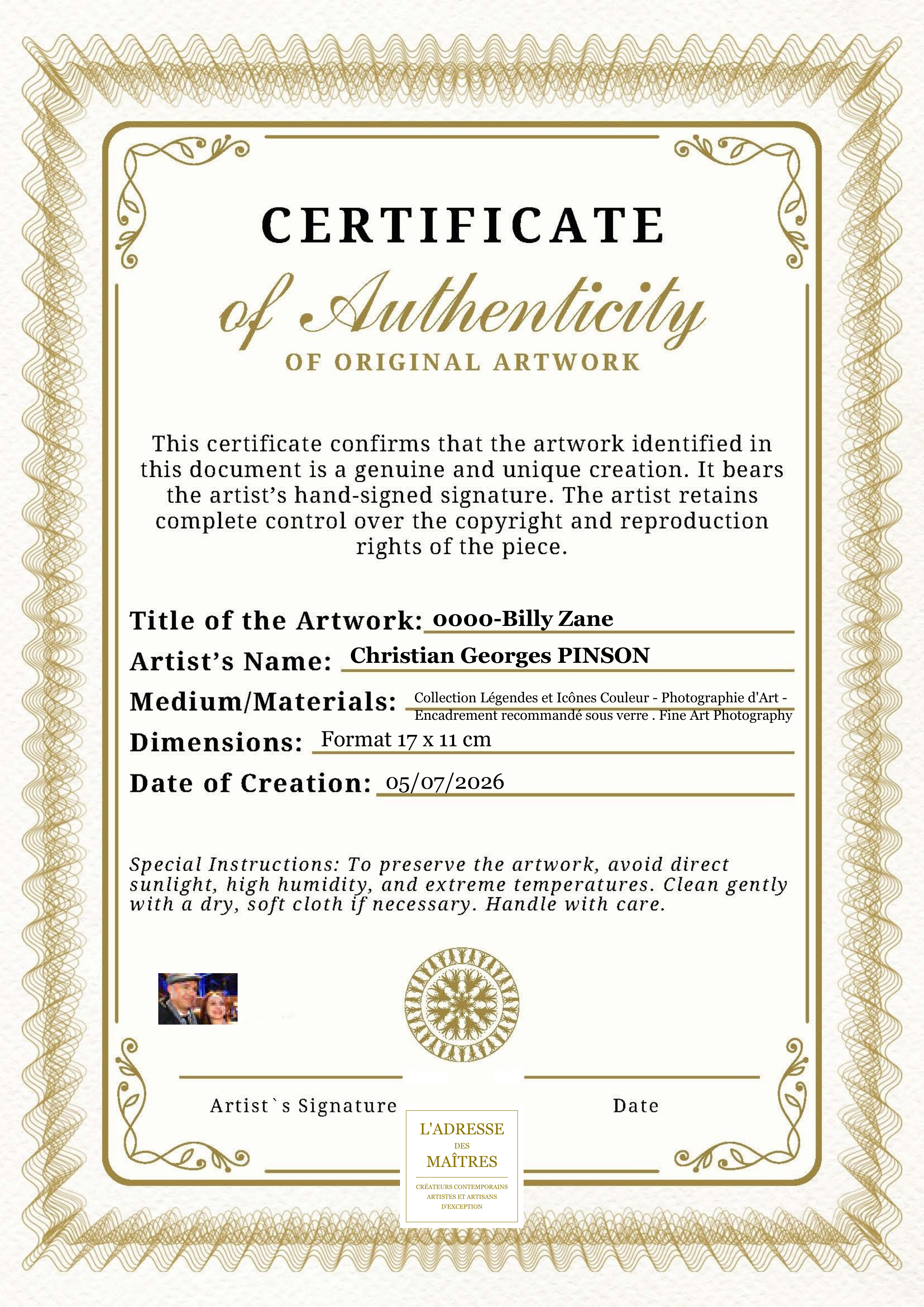Certificat d'authenticité — 0000-Billy Zane — Christian Georges PINSON