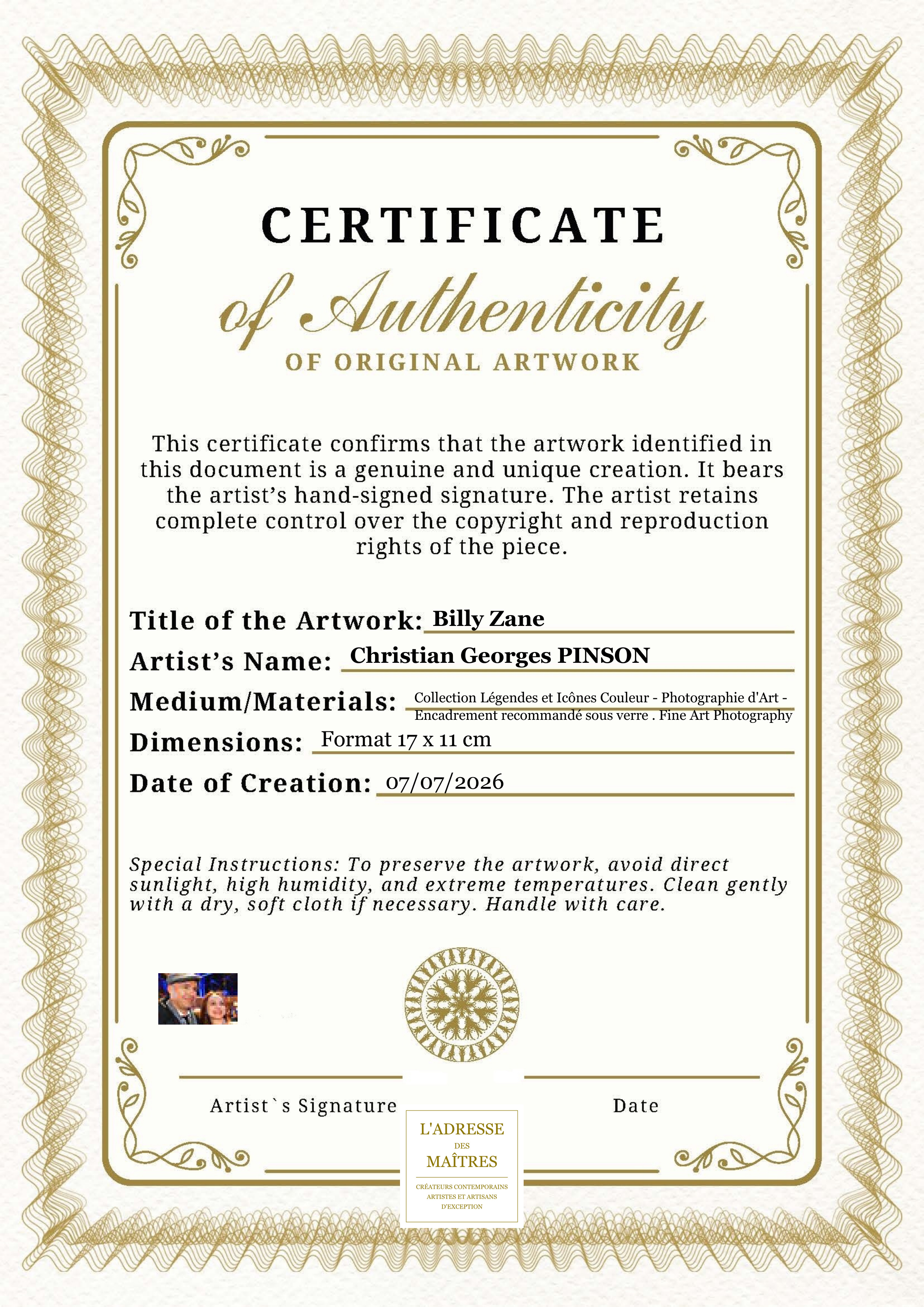 Certificat d'authenticité — Billy Zane — Christian Georges PINSON