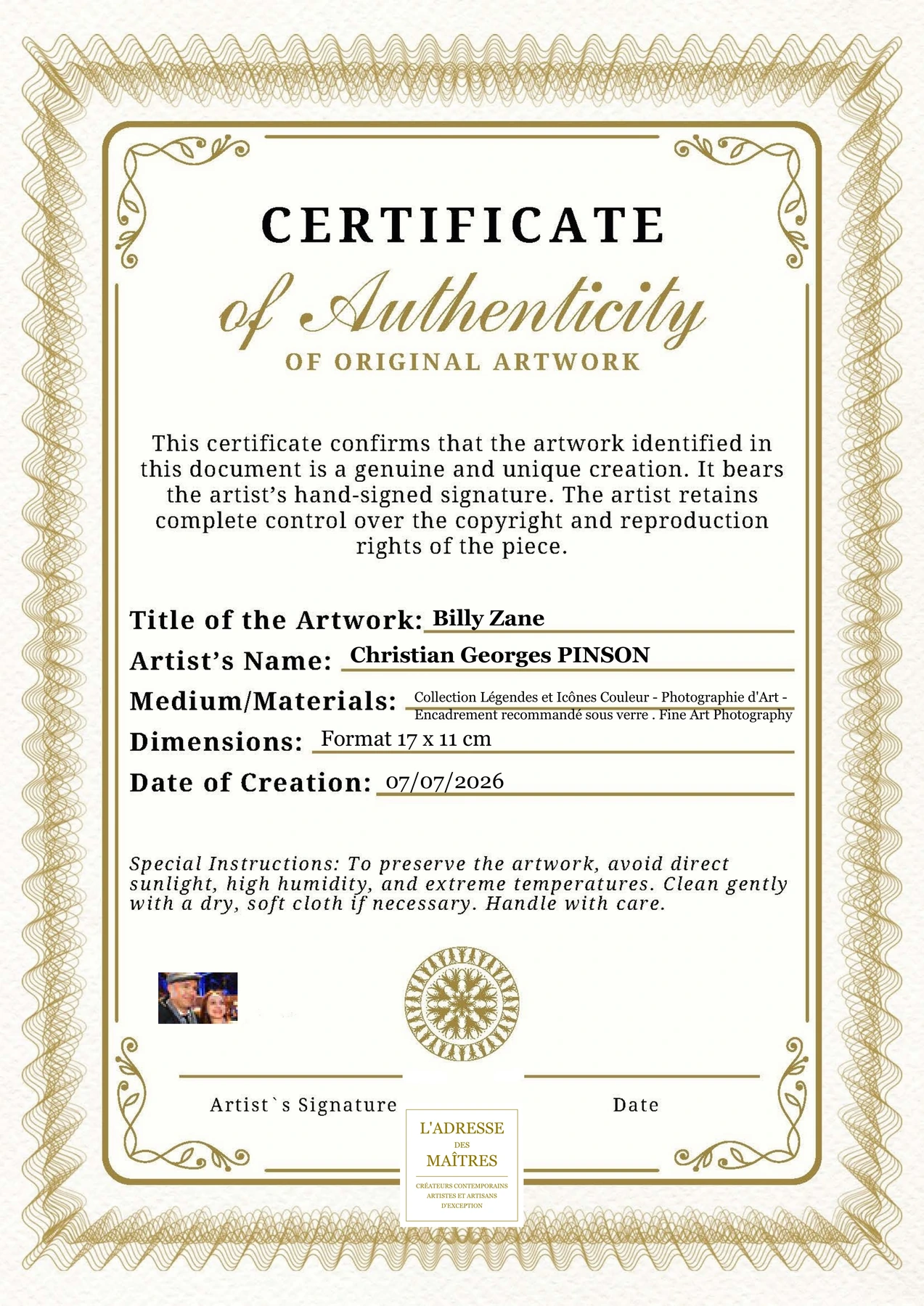 Certificat d'authenticité - Billy Zane - Christian Georges PINSON
