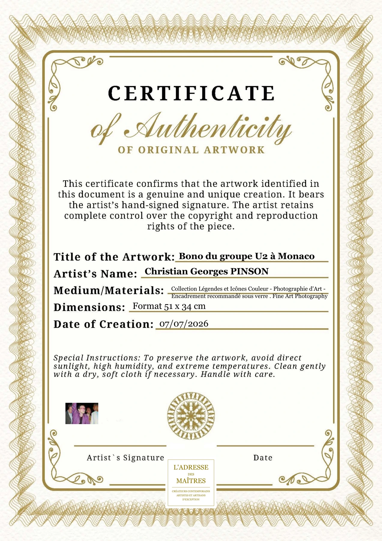 Certificat d'authenticité - Bono du groupe U2 à Monaco - Christian Georges PINSON